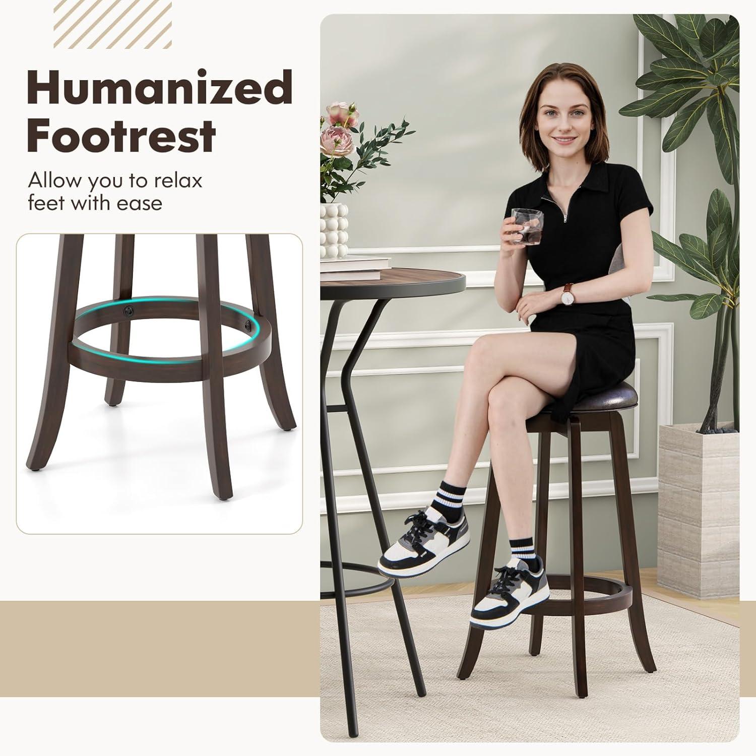 image:imageGiantex Bar Stools Set of 2 29 Bar Height Bar Stools w 360 Swivel Round Seat amp Footrest Rubber Wood Frame Upholstered PU Leather Backless Barstools for Kitchen Dining Room Pub Brown2