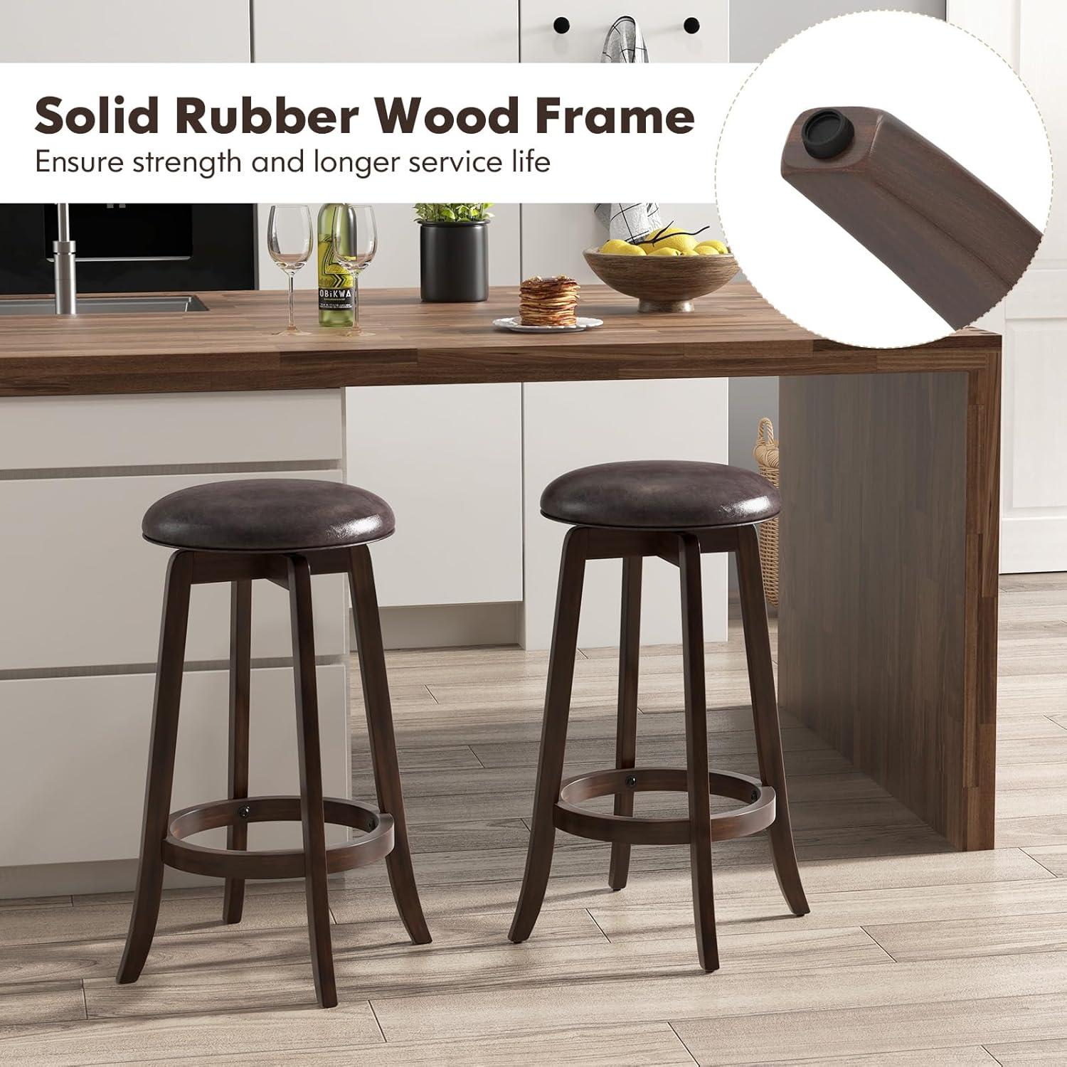 image:imageGiantex Bar Stools Set of 2 29 Bar Height Bar Stools w 360 Swivel Round Seat amp Footrest Rubber Wood Frame Upholstered PU Leather Backless Barstools for Kitchen Dining Room Pub Brown1