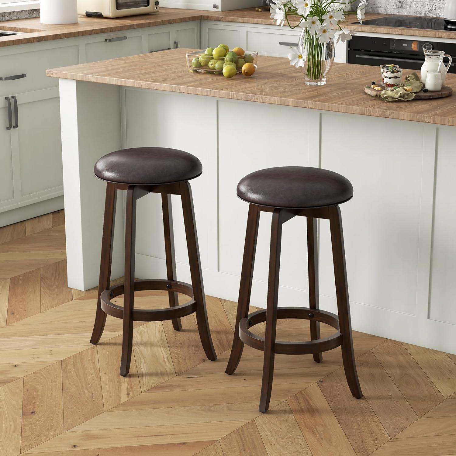 image:imageGiantex Bar Stools Set of 2 29 Bar Height Bar Stools w 360 Swivel Round Seat amp Footrest Rubber Wood Frame Upholstered PU Leather Backless Barstools for Kitchen Dining Room Pub Brown1