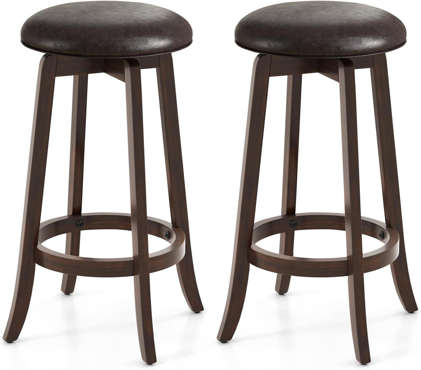 image:imageGiantex Bar Stools Set of 2 29 Bar Height Bar Stools w 360 Swivel Round Seat amp Footrest Rubber Wood Frame Upholstered PU Leather Backless Barstools for Kitchen Dining Room Pub Brown1