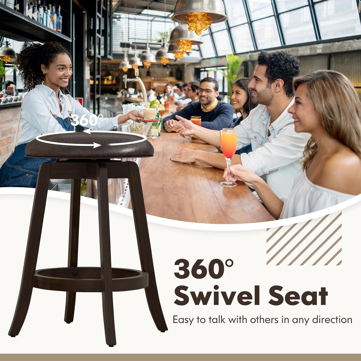 image:imageGiantex Bar Stools Set of 2 29 Bar Height Bar Stools w 360 Swivel Round Seat amp Footrest Rubber Wood Frame Upholstered PU Leather Backless Barstools for Kitchen Dining Room Pub Brown1