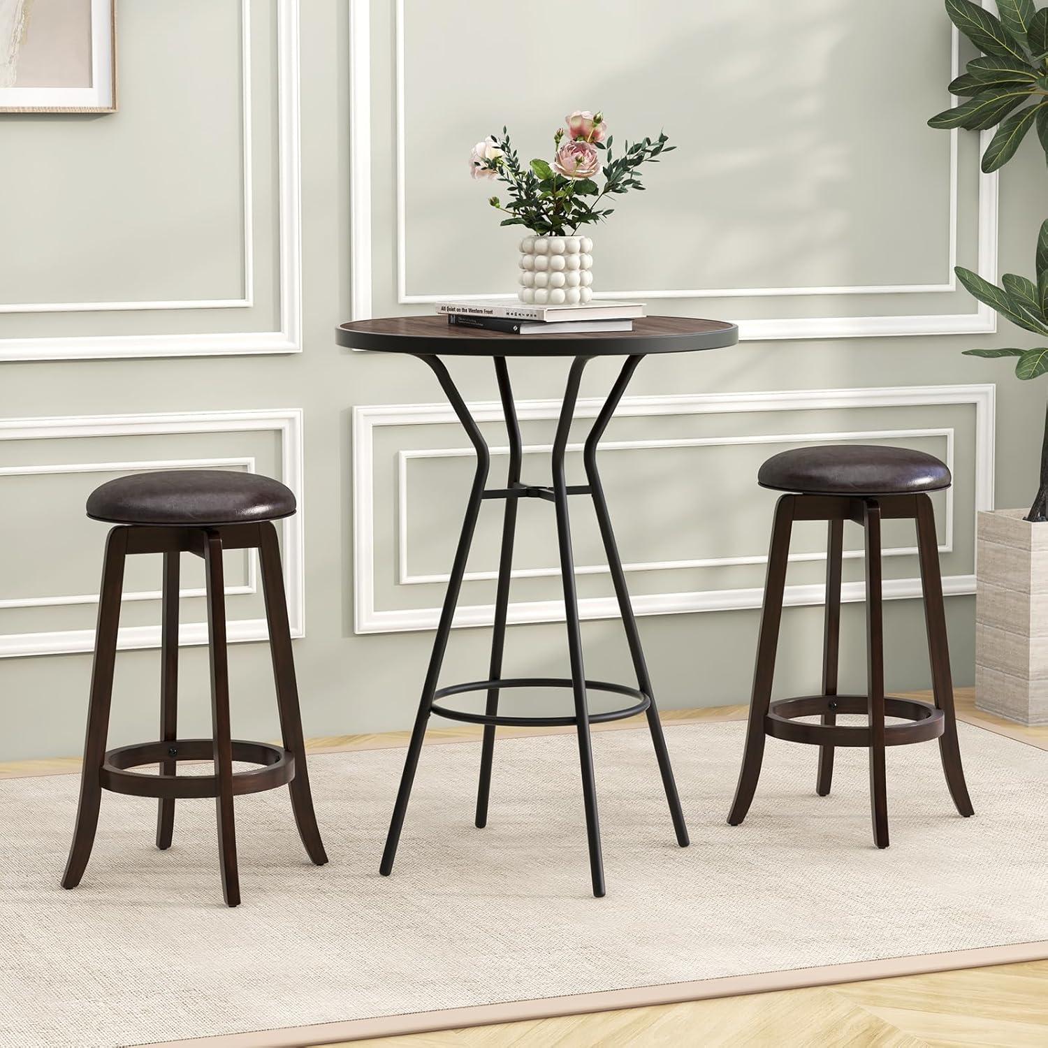 image:imageGiantex Bar Stools Set of 2 29 Bar Height Bar Stools w 360 Swivel Round Seat amp Footrest Rubber Wood Frame Upholstered PU Leather Backless Barstools for Kitchen Dining Room Pub Brown2
