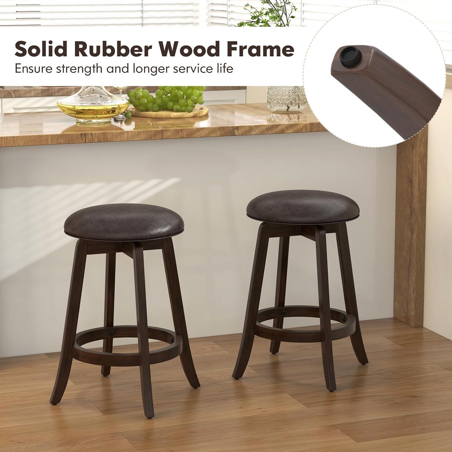 image:imageGiantex Bar Stools Set of 2 29 Bar Height Bar Stools w 360 Swivel Round Seat amp Footrest Rubber Wood Frame Upholstered PU Leather Backless Barstools for Kitchen Dining Room Pub Brown2