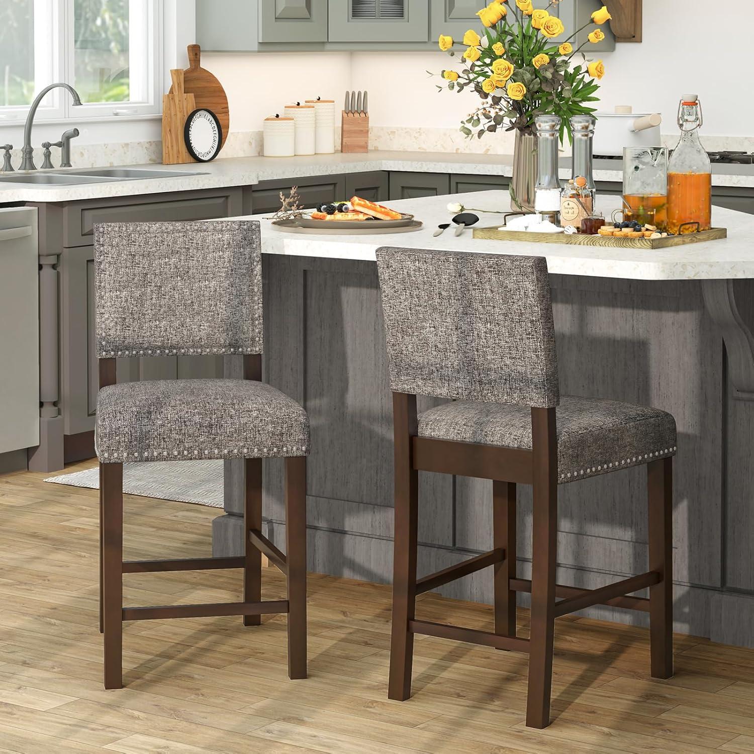 image:imageGiantex Bar Stools Set of 4 26 Counter Height Stools wSolid Rubber Wood Legs amp Footrest Modern Linen Fabric Bar Dining Chairs Rivet Upholstered Barstools for Kitchen Island Dining Room Grey