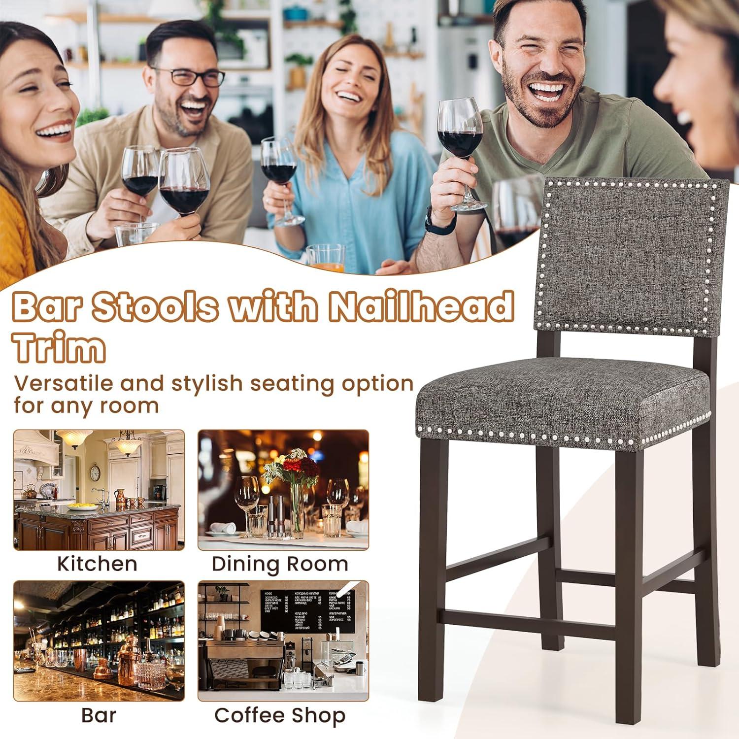 image:imageGiantex Bar Stools Set of 4 26 Counter Height Stools wSolid Rubber Wood Legs amp Footrest Modern Linen Fabric Bar Dining Chairs Rivet Upholstered Barstools for Kitchen Island Dining Room Grey