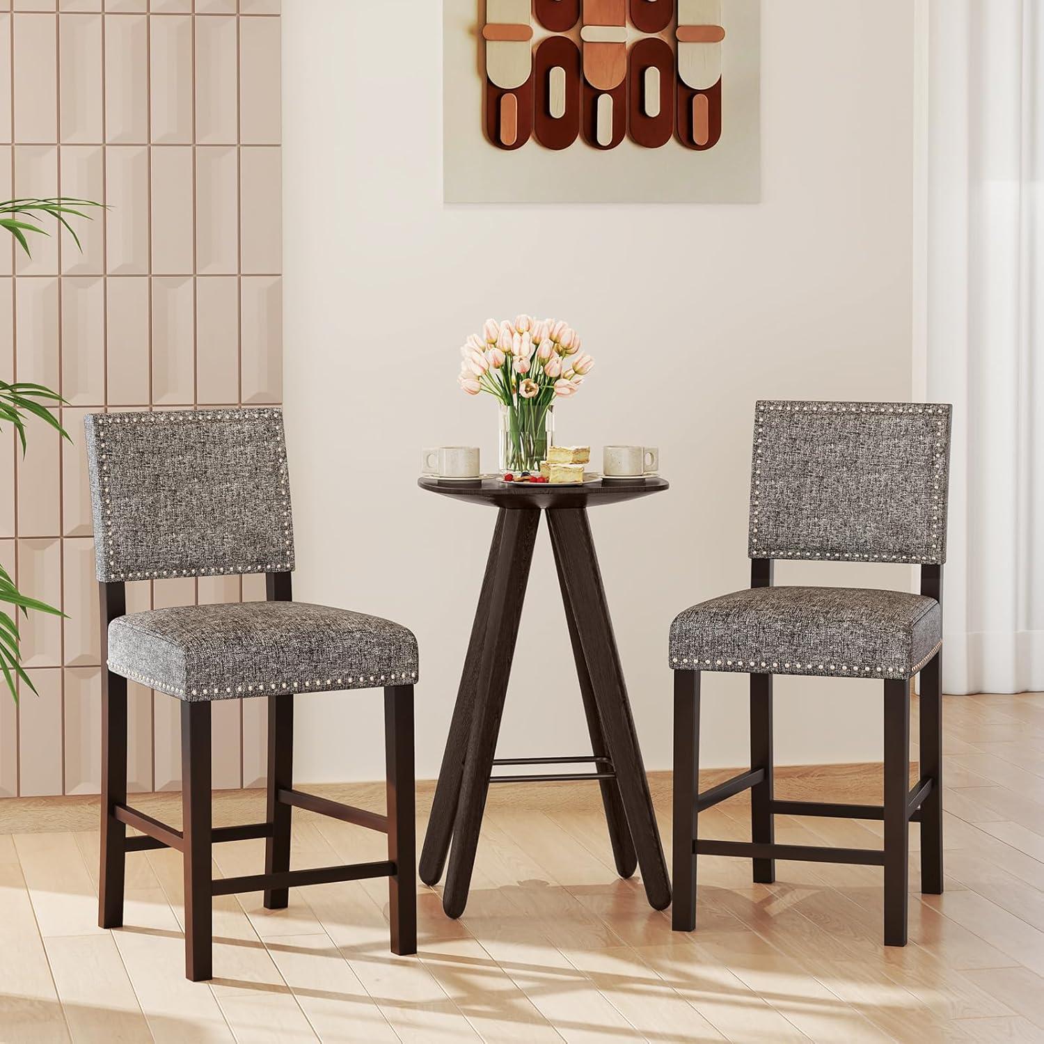 image:imageGiantex Bar Stools Set of 4 26 Counter Height Stools wSolid Rubber Wood Legs amp Footrest Modern Linen Fabric Bar Dining Chairs Rivet Upholstered Barstools for Kitchen Island Dining Room Grey