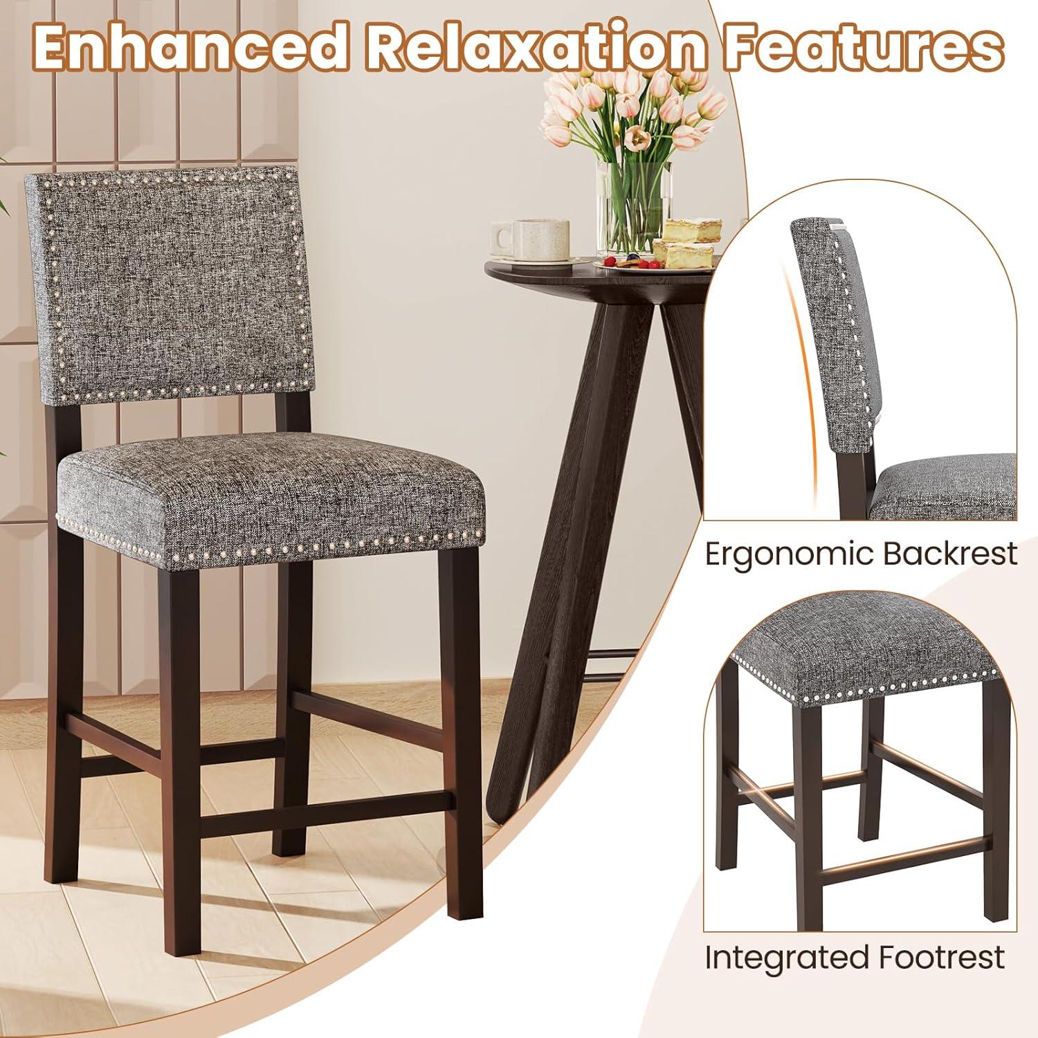 image:imageGiantex Bar Stools Set of 4 26 Counter Height Stools wSolid Rubber Wood Legs amp Footrest Modern Linen Fabric Bar Dining Chairs Rivet Upholstered Barstools for Kitchen Island Dining Room Grey