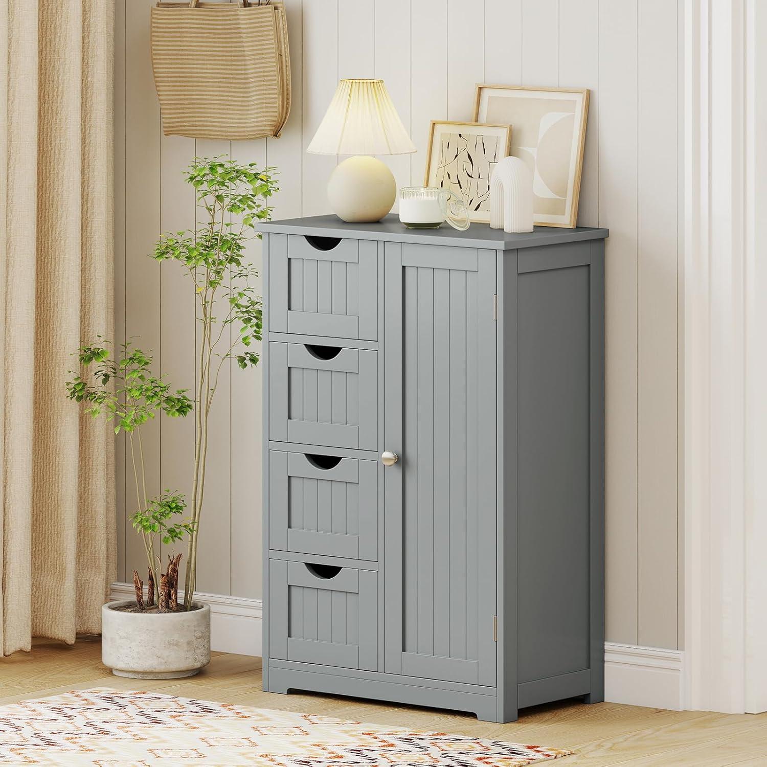 image:imageGiantex Bathroom Cabinet Freestanding Storage Cabinet with 1 Door amp 4 Drawers 3Level Adjustable Shelf Antitoppling System Modern Storage Organizer for Bathroom Living Room Kitchen GrayGrey