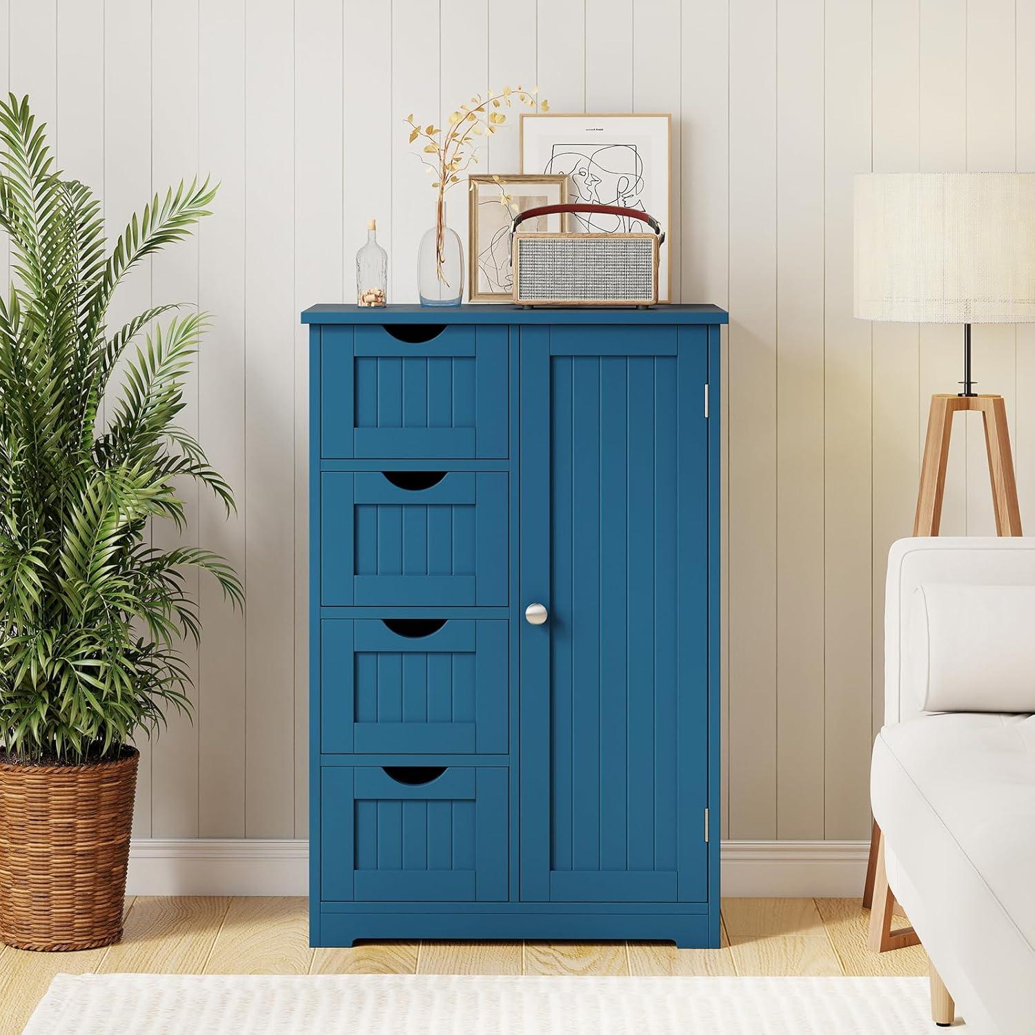 image:imageGiantex Bathroom Cabinet Freestanding Storage Cabinet with 1 Door amp 4 Drawers 3Level Adjustable Shelf Antitoppling System Modern Storage Organizer for Bathroom Living Room Kitchen GrayBlue