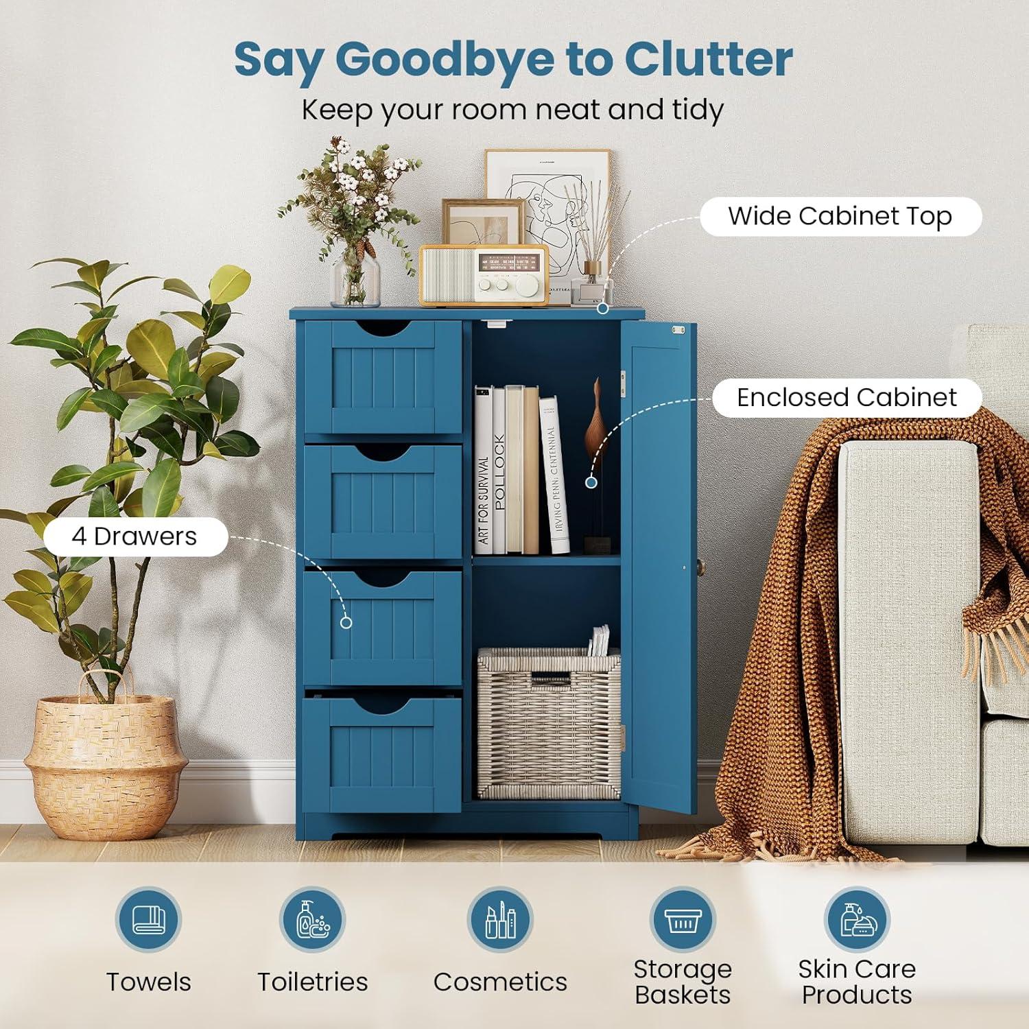 image:imageGiantex Bathroom Cabinet Freestanding Storage Cabinet with 1 Door amp 4 Drawers 3Level Adjustable Shelf Antitoppling System Modern Storage Organizer for Bathroom Living Room Kitchen GrayBlue