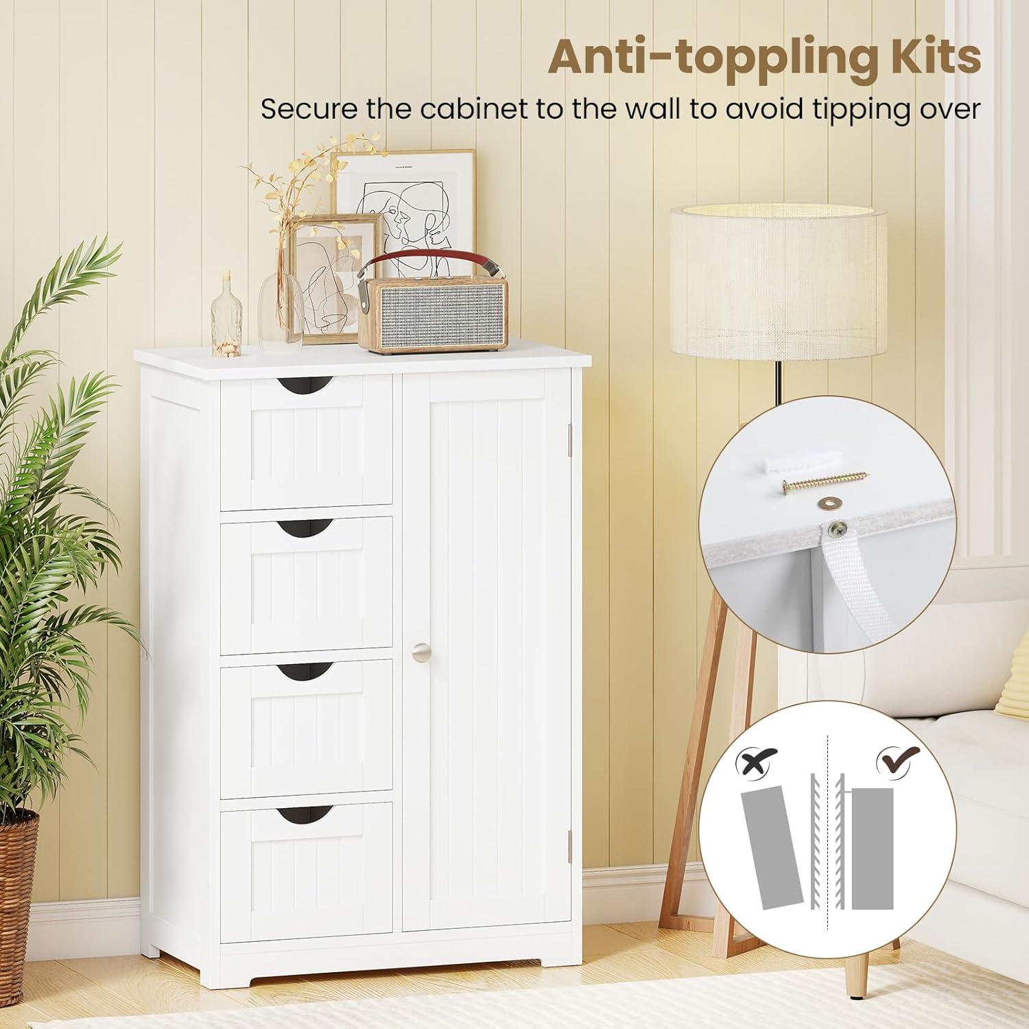 image:imageGiantex Bathroom Cabinet Freestanding Storage Cabinet with 1 Door amp 4 Drawers 3Level Adjustable Shelf Antitoppling System Modern Storage Organizer for Bathroom Living Room Kitchen GrayOff White