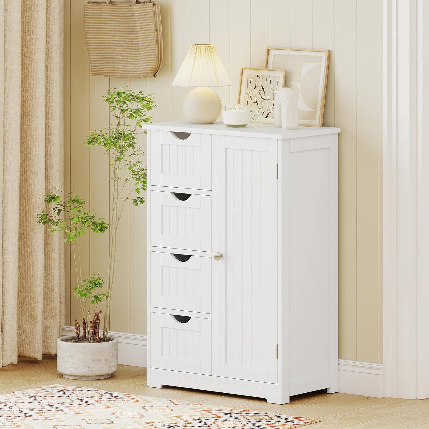 image:imageGiantex Bathroom Cabinet Freestanding Storage Cabinet with 1 Door amp 4 Drawers 3Level Adjustable Shelf Antitoppling System Modern Storage Organizer for Bathroom Living Room Kitchen GrayOff White
