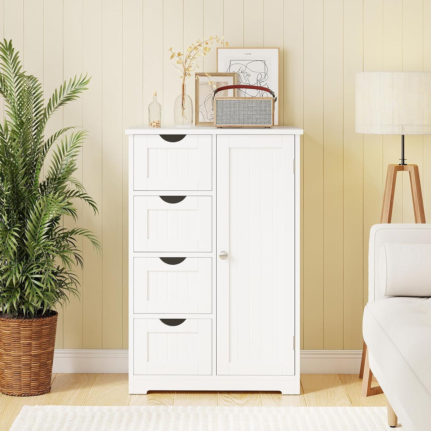 image:imageGiantex Bathroom Cabinet Freestanding Storage Cabinet with 1 Door amp 4 Drawers 3Level Adjustable Shelf Antitoppling System Modern Storage Organizer for Bathroom Living Room Kitchen GrayOff White