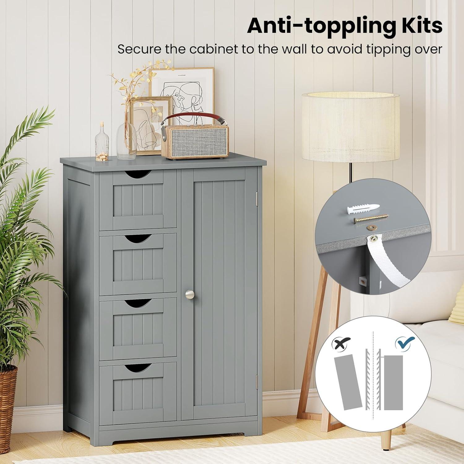 image:imageGiantex Bathroom Cabinet Freestanding Storage Cabinet with 1 Door amp 4 Drawers 3Level Adjustable Shelf Antitoppling System Modern Storage Organizer for Bathroom Living Room Kitchen GrayGrey