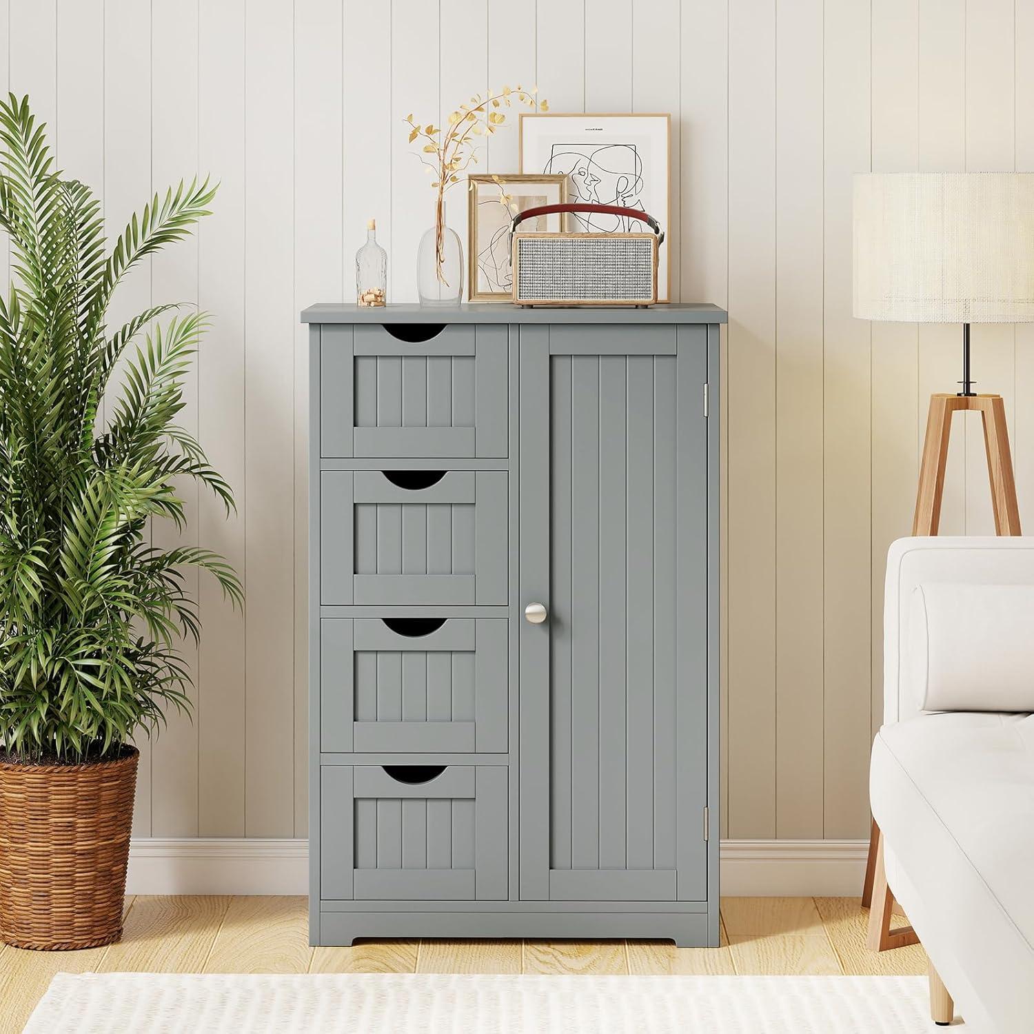 image:imageGiantex Bathroom Cabinet Freestanding Storage Cabinet with 1 Door amp 4 Drawers 3Level Adjustable Shelf Antitoppling System Modern Storage Organizer for Bathroom Living Room Kitchen GrayGrey