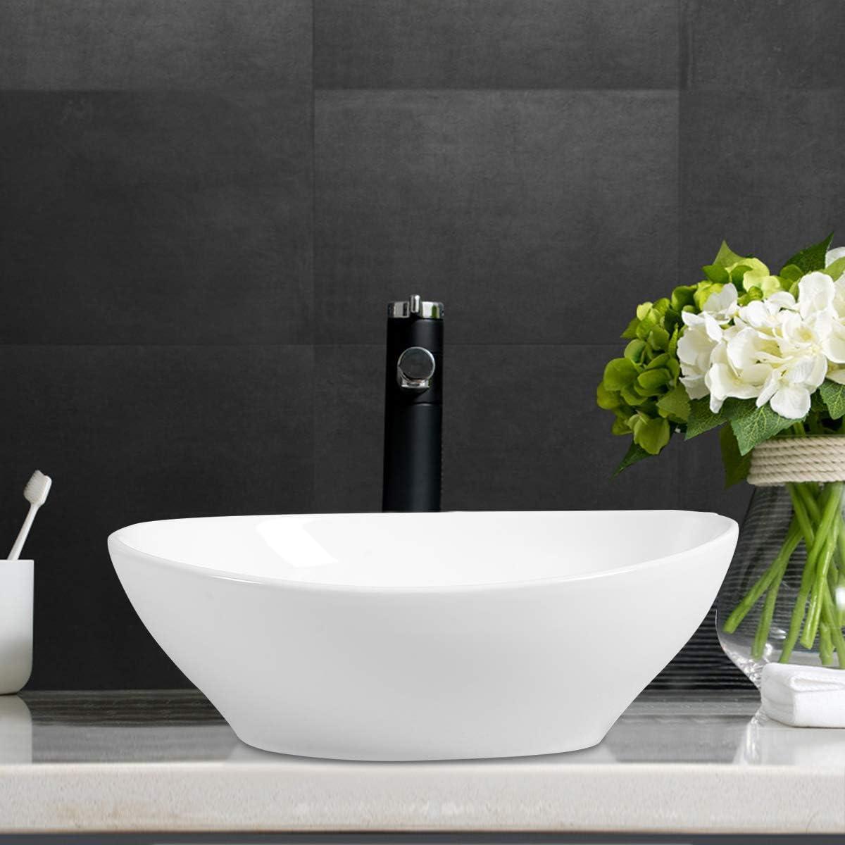 image:imageGiantex Bathroom Sink Vessel Sink 16x13 Inch Basin Porcelain with Anticlogging Pop Up Drain Countertop Bathroom Vanity Vessel Sink Oval Ceramic Sink Bowl Bathroom Vessel Sink White