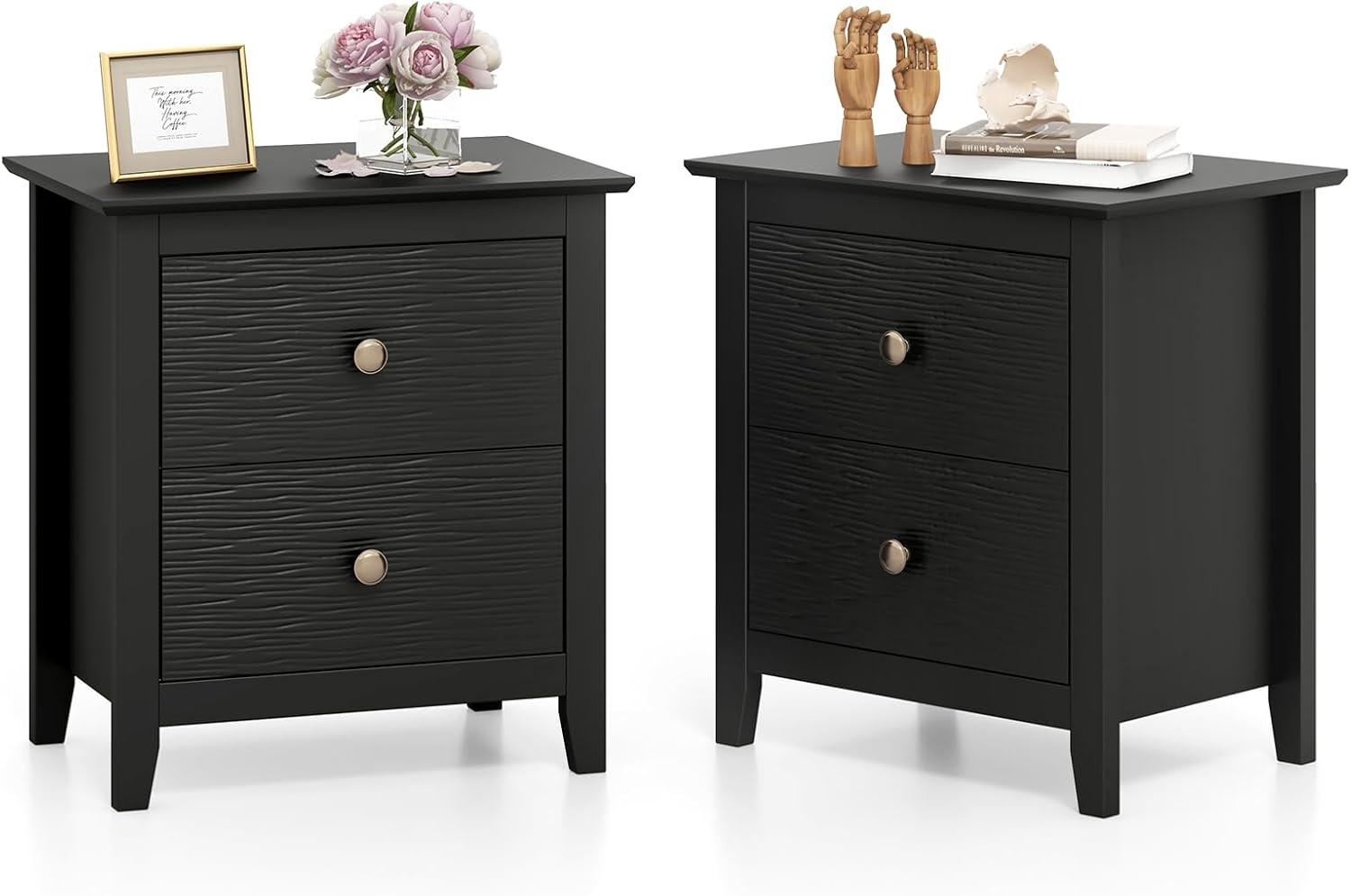 image:imageGiantex Black Nightstand Modern 2 Drawers Night Stand with Handles Sofa Side Table with Sturdy Legs for Small Spaces College Dorm Kids Room Wooden Bedside Table for Bedroom BlackBlack