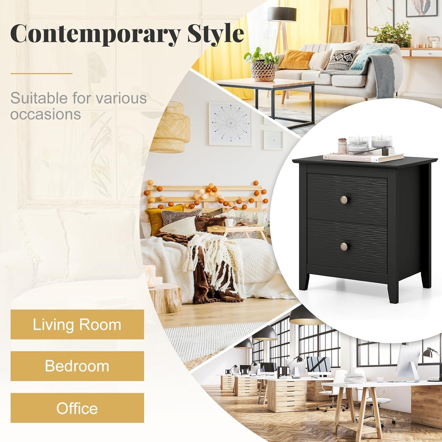 image:imageGiantex Black Nightstand Modern 2 Drawers Night Stand with Handles Sofa Side Table with Sturdy Legs for Small Spaces College Dorm Kids Room Wooden Bedside Table for Bedroom BlackBlack