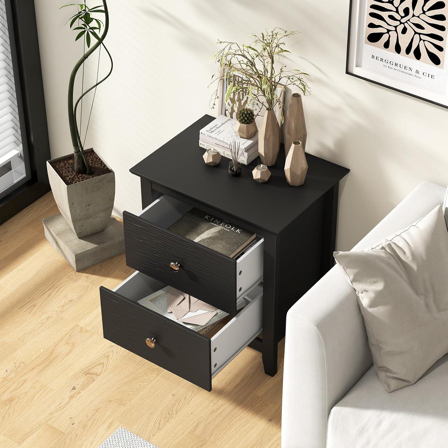 image:imageGiantex Black Nightstand Modern 2 Drawers Night Stand with Handles Sofa Side Table with Sturdy Legs for Small Spaces College Dorm Kids Room Wooden Bedside Table for Bedroom BlackBlack