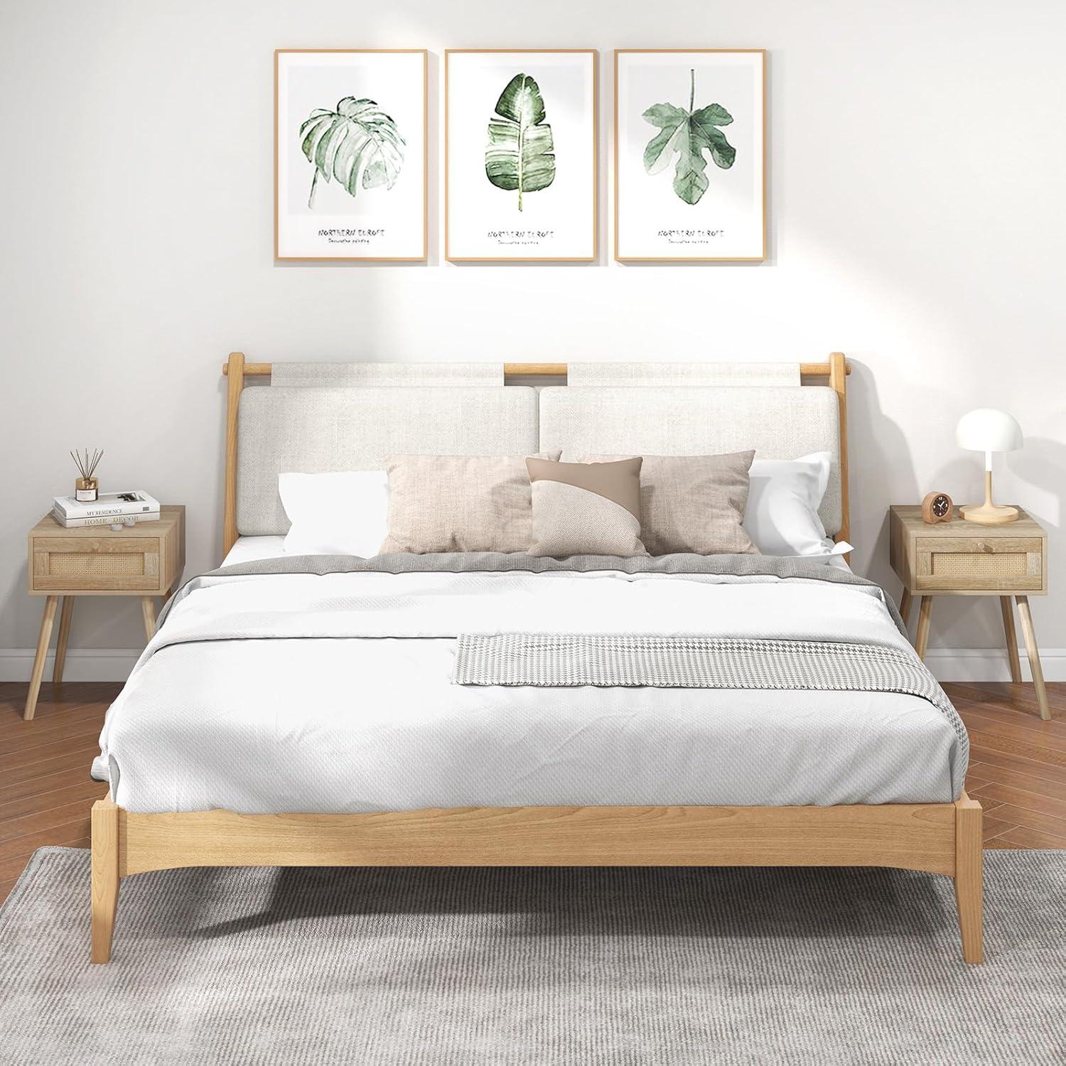 image:imageGiantex Boho Rattan Nightstand Set of 2 Mid Century Wood Night Stands with Rattan Weaving Drawer Bedside Table with Solid Wood Legs End Side Table for Bedroom Storage Natural1