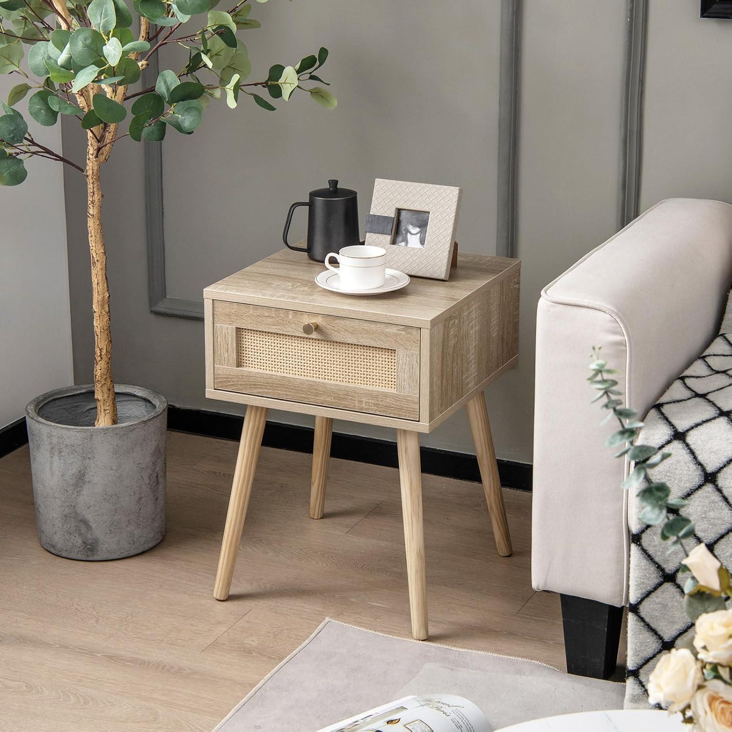 image:imageGiantex Boho Rattan Nightstand Set of 2 Mid Century Wood Night Stands with Rattan Weaving Drawer Bedside Table with Solid Wood Legs End Side Table for Bedroom Storage Natural2