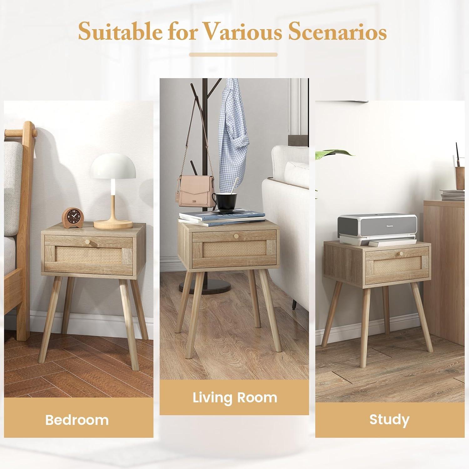 image:imageGiantex Boho Rattan Nightstand Set of 2 Mid Century Wood Night Stands with Rattan Weaving Drawer Bedside Table with Solid Wood Legs End Side Table for Bedroom Storage Natural2