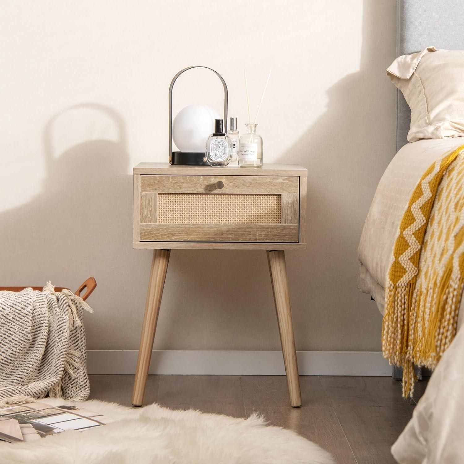 image:imageGiantex Boho Rattan Nightstand Set of 2 Mid Century Wood Night Stands with Rattan Weaving Drawer Bedside Table with Solid Wood Legs End Side Table for Bedroom Storage Natural2