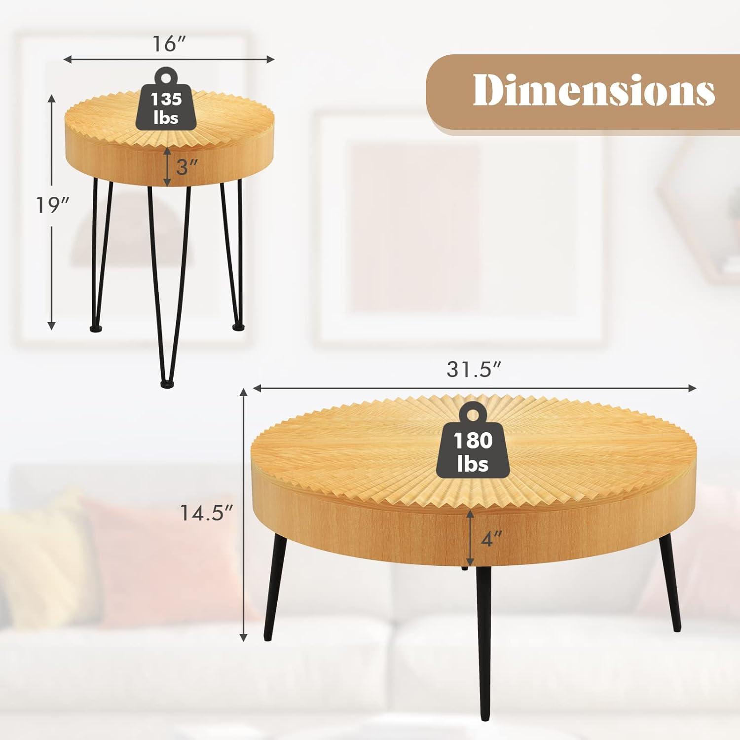 image:imageGiantex Boho Round Coffee Table Set of 2 Sofa Side Nesting Table with Solid Pine Wood Top Metal Legs amp Adjustable Foot Pads 315 D Large Table Set for Living Room Ring Pattern NaturalNatural