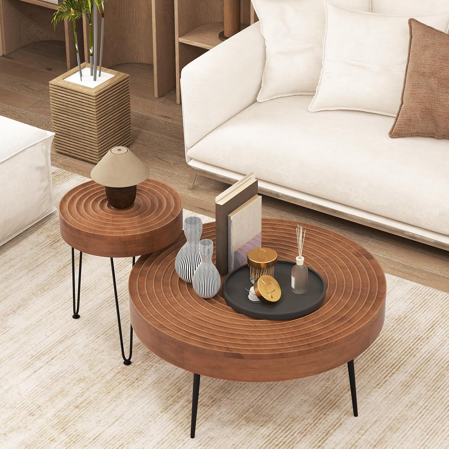 image:imageGiantex Boho Round Coffee Table Set of 2 Sofa Side Nesting Table with Solid Pine Wood Top Metal Legs amp Adjustable Foot Pads 315 D Large Table Set for Living Room Ring Pattern NaturalBrown