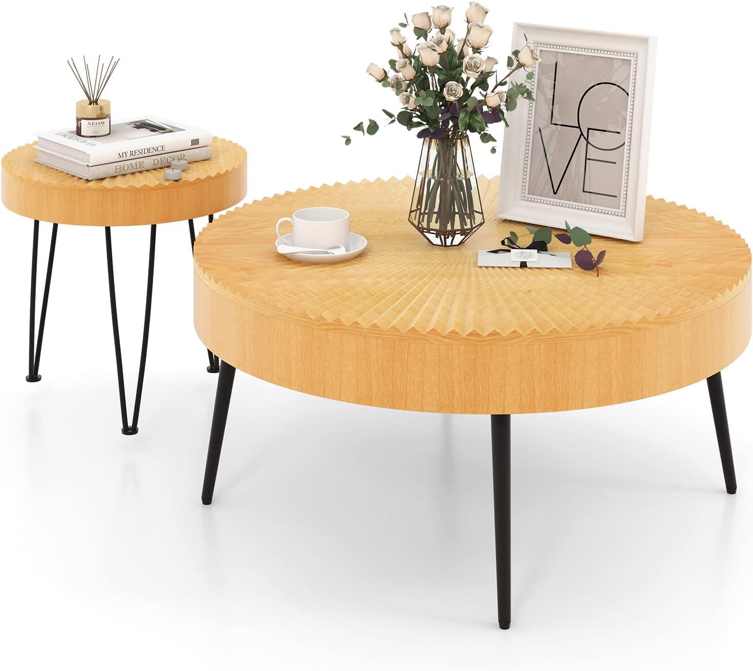 image:imageGiantex Boho Round Coffee Table Set of 2 Sofa Side Nesting Table with Solid Pine Wood Top Metal Legs amp Adjustable Foot Pads 315 D Large Table Set for Living Room Ring Pattern NaturalNatural