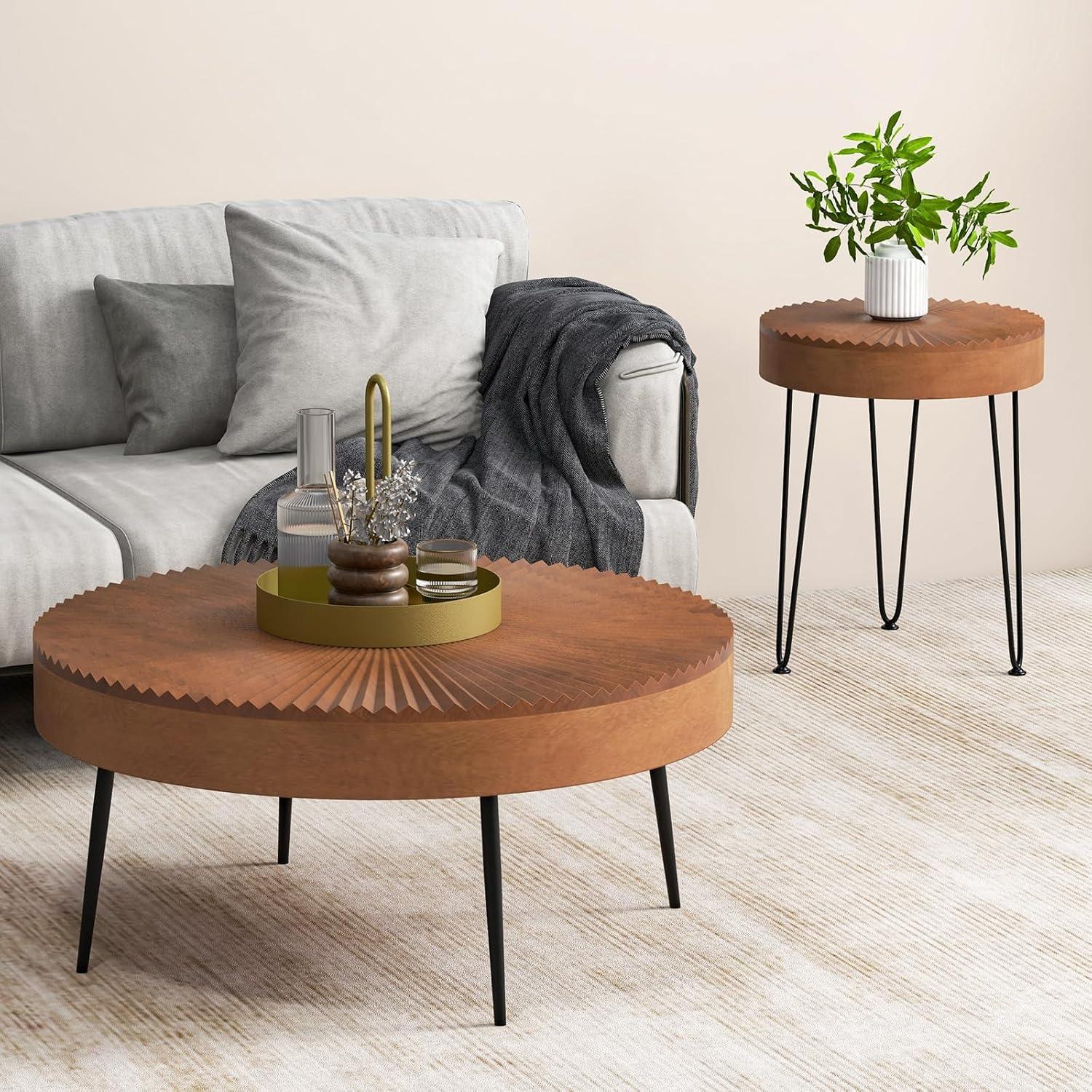 image:imageGiantex Boho Round Coffee Table Set of 2 Sofa Side Nesting Table with Solid Pine Wood Top Metal Legs amp Adjustable Foot Pads 315 D Large Table Set for Living Room Ring Pattern NaturalBrown