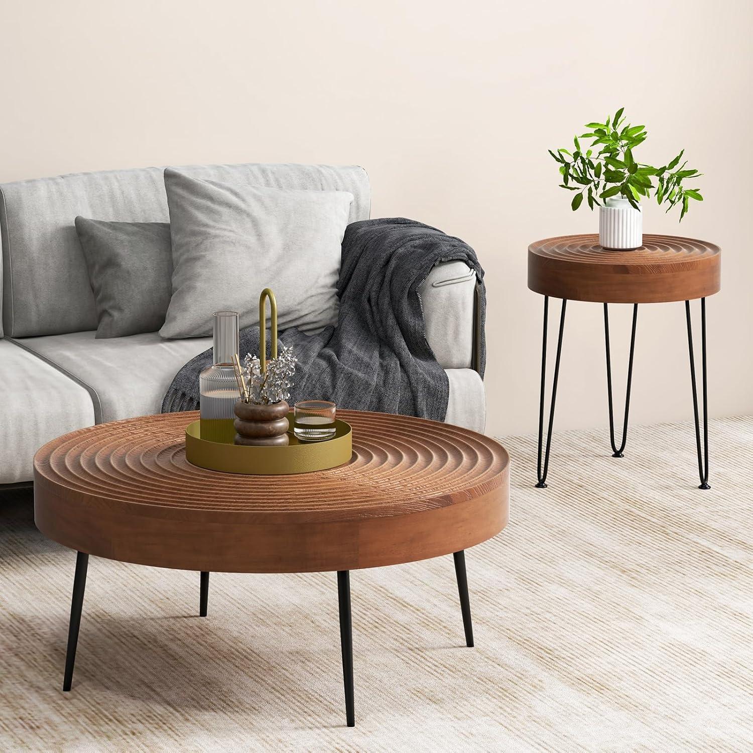 image:imageGiantex Boho Round Coffee Table Set of 2 Sofa Side Nesting Table with Solid Pine Wood Top Metal Legs amp Adjustable Foot Pads 315 D Large Table Set for Living Room Ring Pattern NaturalBrown