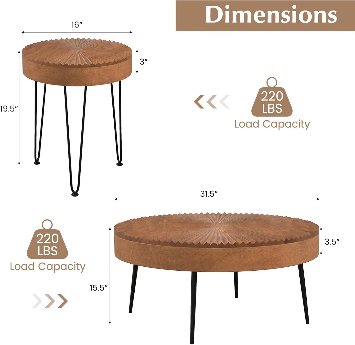 image:imageGiantex Boho Round Coffee Table Set of 2 Sofa Side Nesting Table with Solid Pine Wood Top Metal Legs amp Adjustable Foot Pads 315 D Large Table Set for Living Room Ring Pattern NaturalBrown