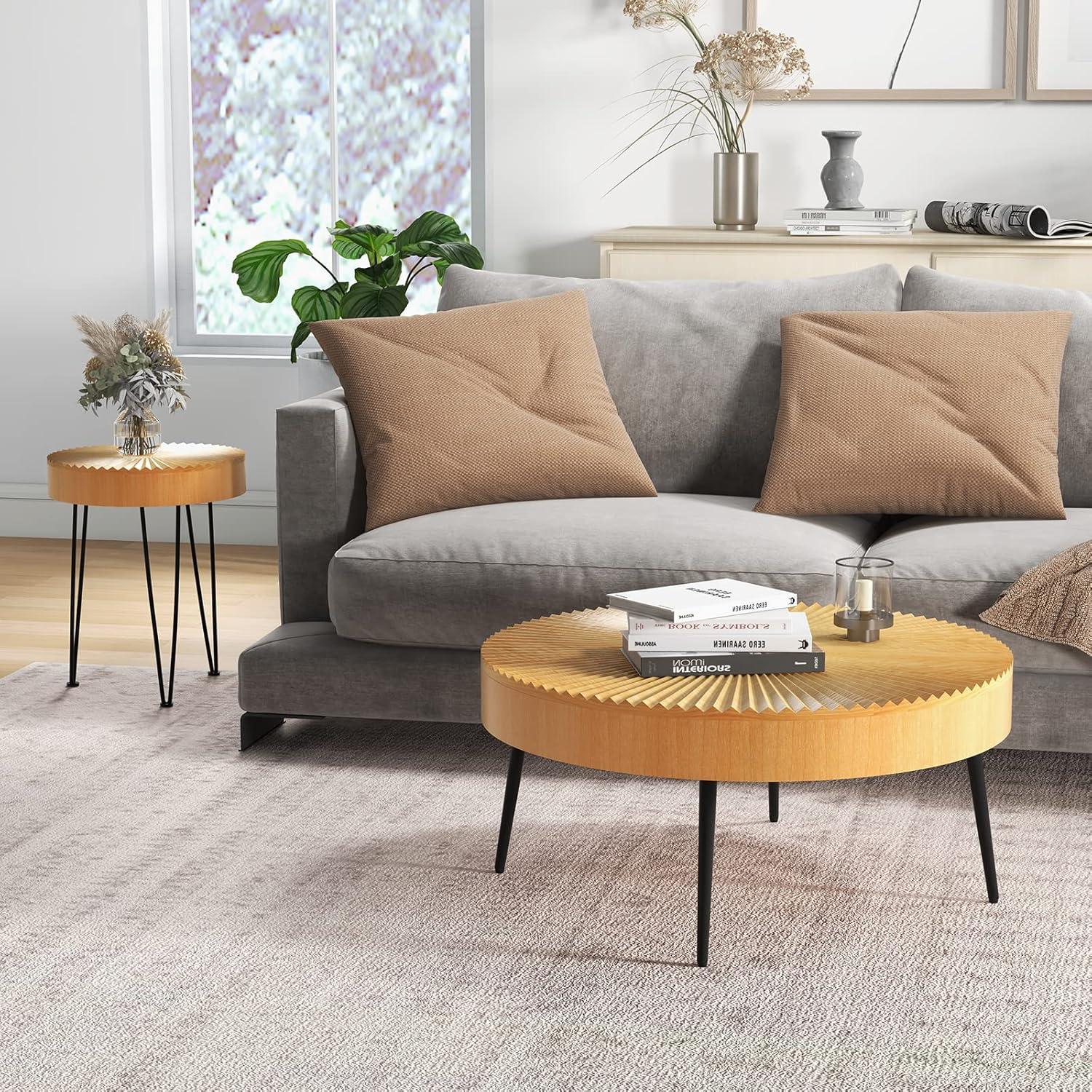 image:imageGiantex Boho Round Coffee Table Set of 2 Sofa Side Nesting Table with Solid Pine Wood Top Metal Legs amp Adjustable Foot Pads 315 D Large Table Set for Living Room Ring Pattern NaturalNatural