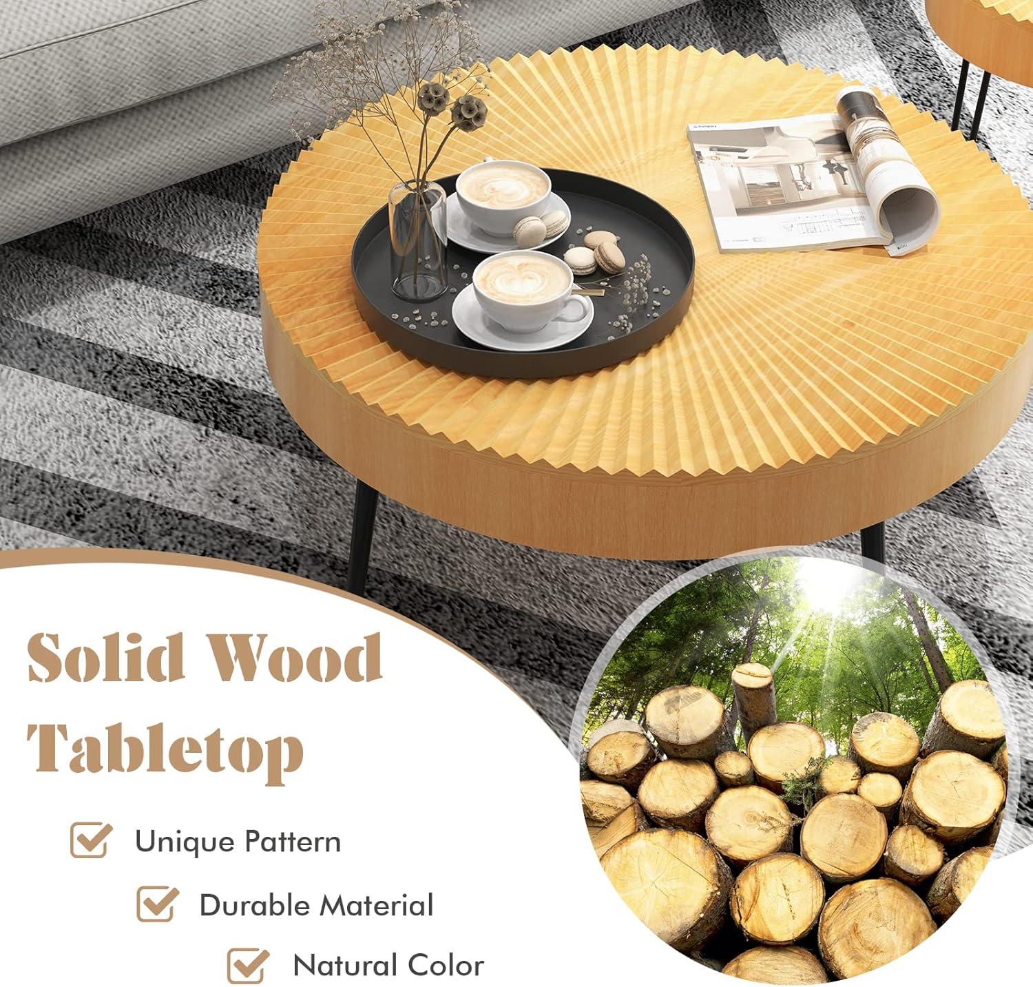 image:imageGiantex Boho Round Coffee Table Set of 2 Sofa Side Nesting Table with Solid Pine Wood Top Metal Legs amp Adjustable Foot Pads 315 D Large Table Set for Living Room Ring Pattern NaturalNatural