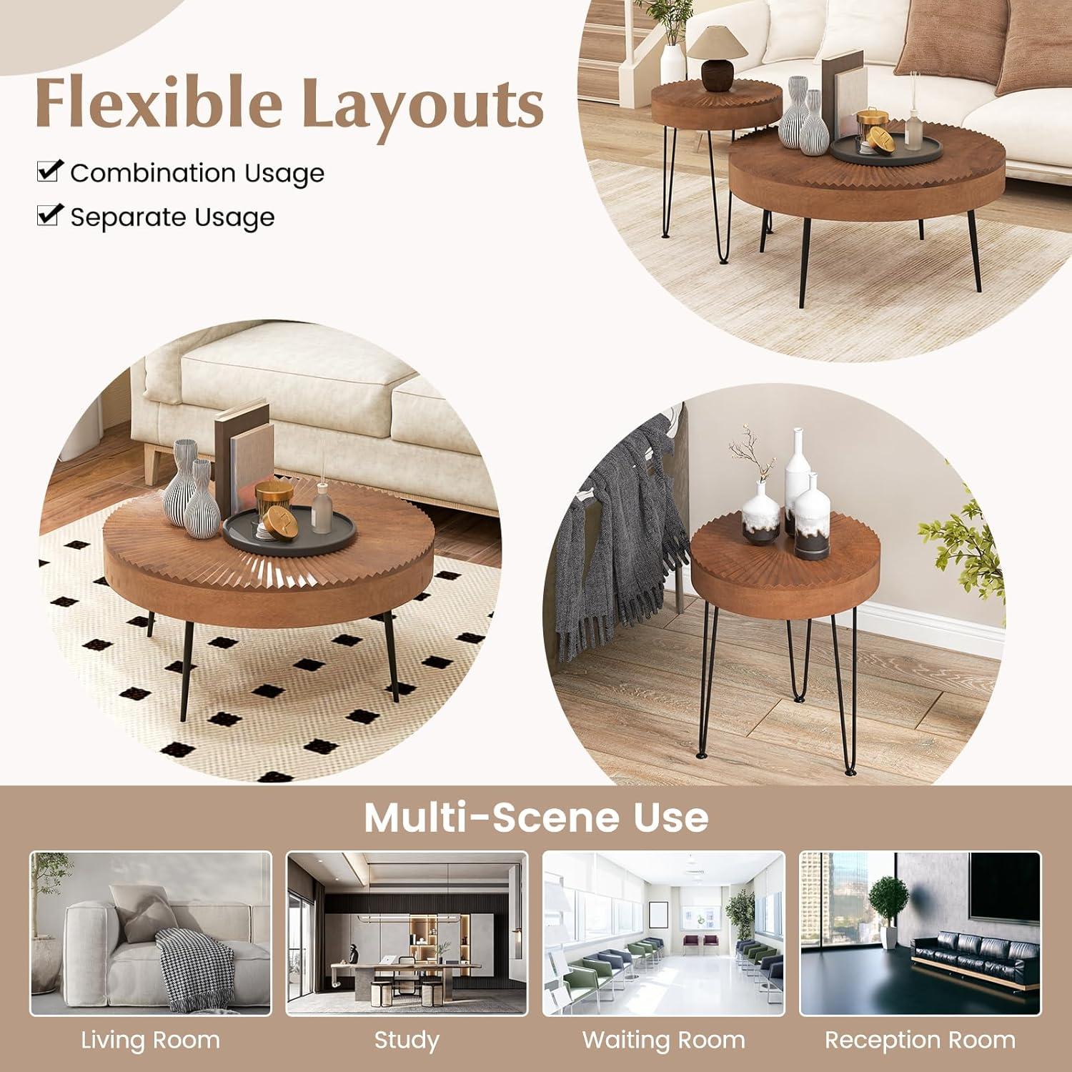 image:imageGiantex Boho Round Coffee Table Set of 2 Sofa Side Nesting Table with Solid Pine Wood Top Metal Legs amp Adjustable Foot Pads 315 D Large Table Set for Living Room Ring Pattern NaturalBrown