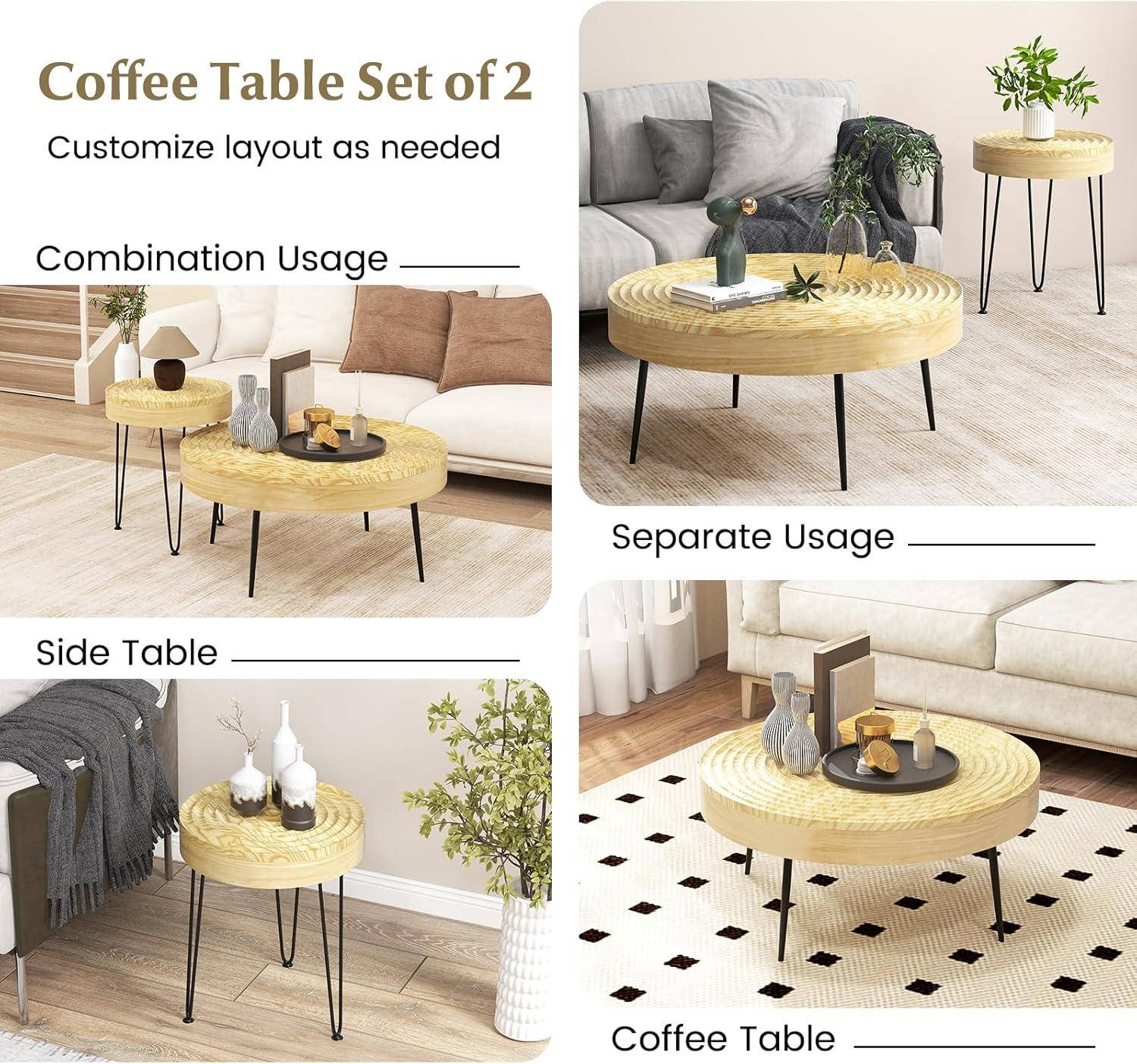 image:imageGiantex Boho Round Coffee Table Set of 2 Sofa Side Nesting Table with Solid Pine Wood Top Metal Legs amp Adjustable Foot Pads 315 D Large Table Set for Living Room Ring Pattern NaturalNatural