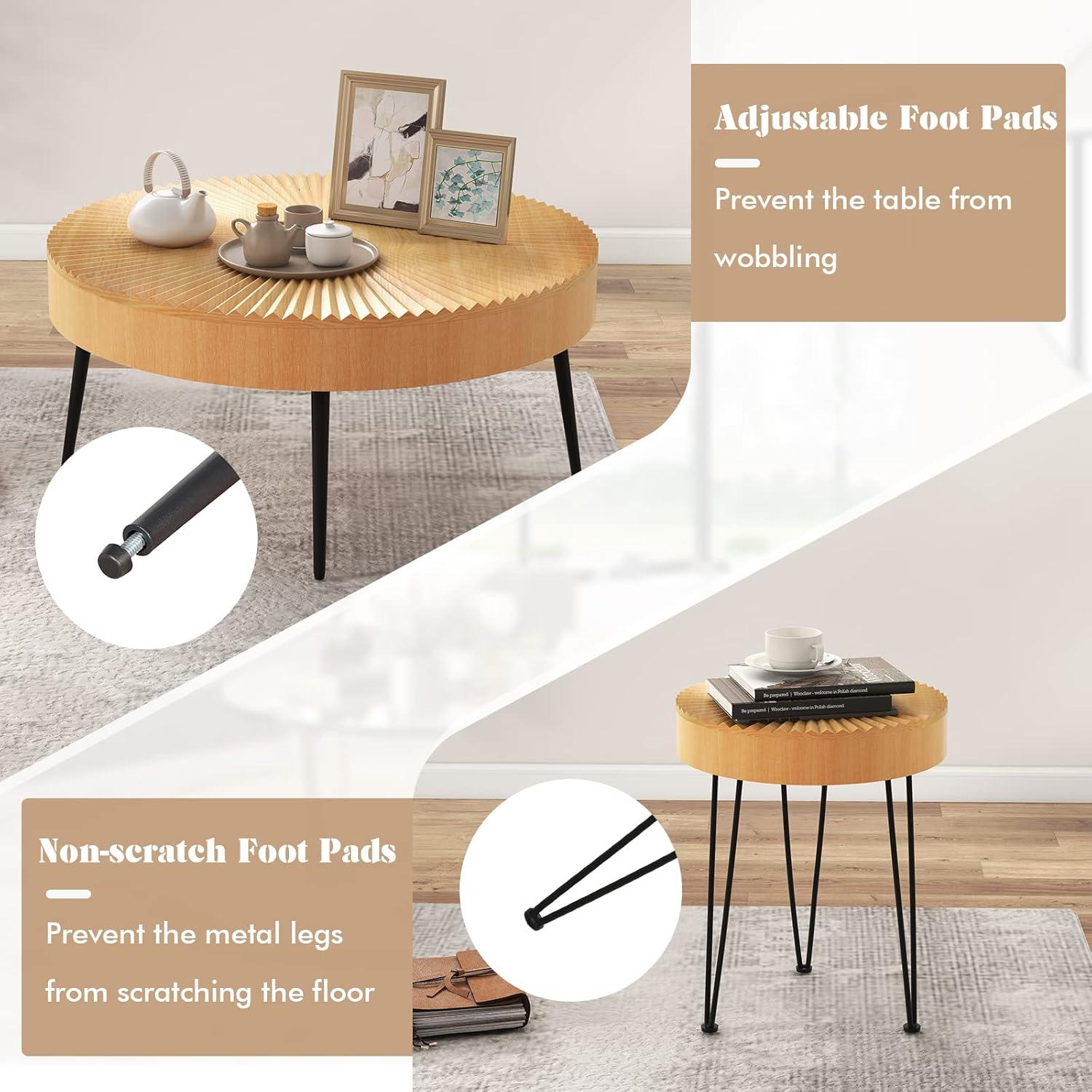 image:imageGiantex Boho Round Coffee Table Set of 2 Sofa Side Nesting Table with Solid Pine Wood Top Metal Legs amp Adjustable Foot Pads 315 D Large Table Set for Living Room Ring Pattern NaturalNatural