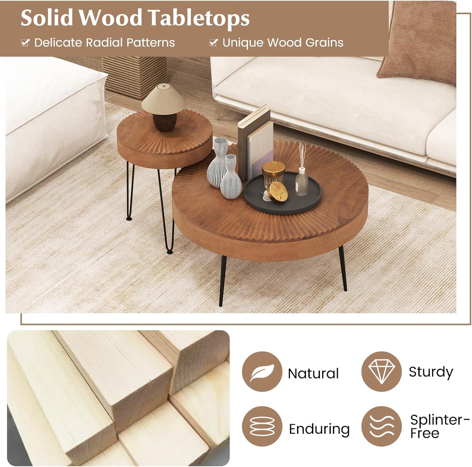 image:imageGiantex Boho Round Coffee Table Set of 2 Sofa Side Nesting Table with Solid Pine Wood Top Metal Legs amp Adjustable Foot Pads 315 D Large Table Set for Living Room Ring Pattern NaturalBrown