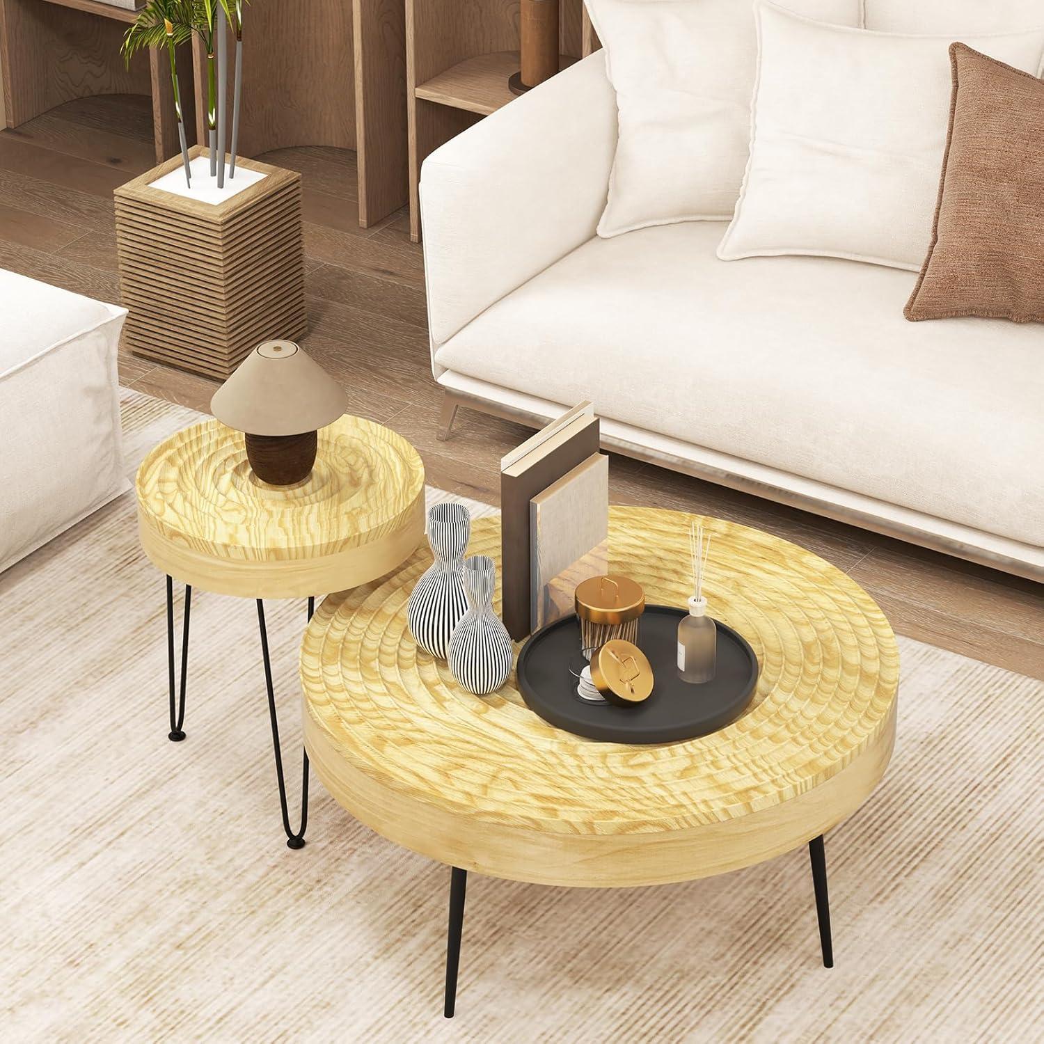 image:imageGiantex Boho Round Coffee Table Set of 2 Sofa Side Nesting Table with Solid Pine Wood Top Metal Legs amp Adjustable Foot Pads 315 D Large Table Set for Living Room Ring Pattern NaturalNatural