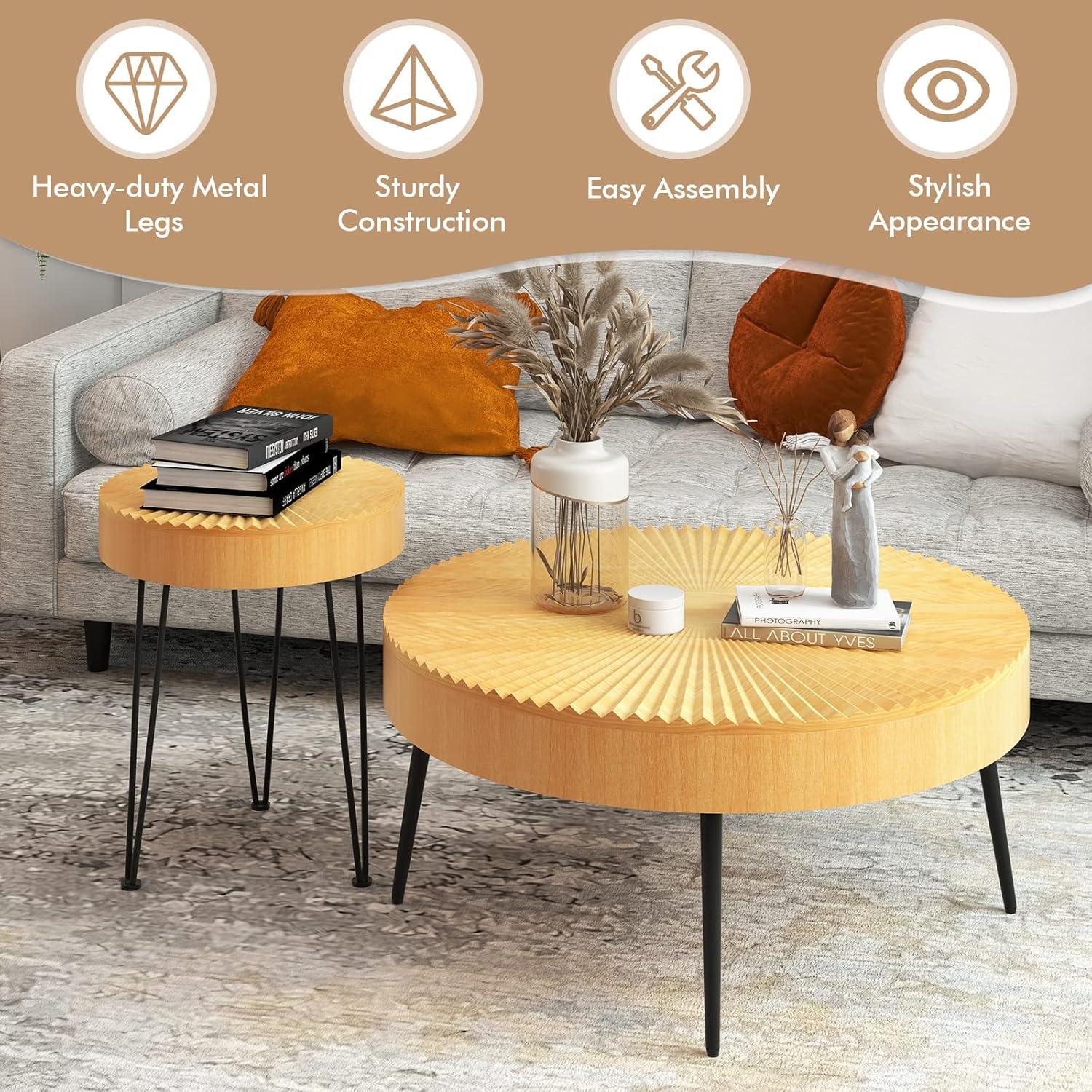 image:imageGiantex Boho Round Coffee Table Set of 2 Sofa Side Nesting Table with Solid Pine Wood Top Metal Legs amp Adjustable Foot Pads 315 D Large Table Set for Living Room Ring Pattern NaturalNatural