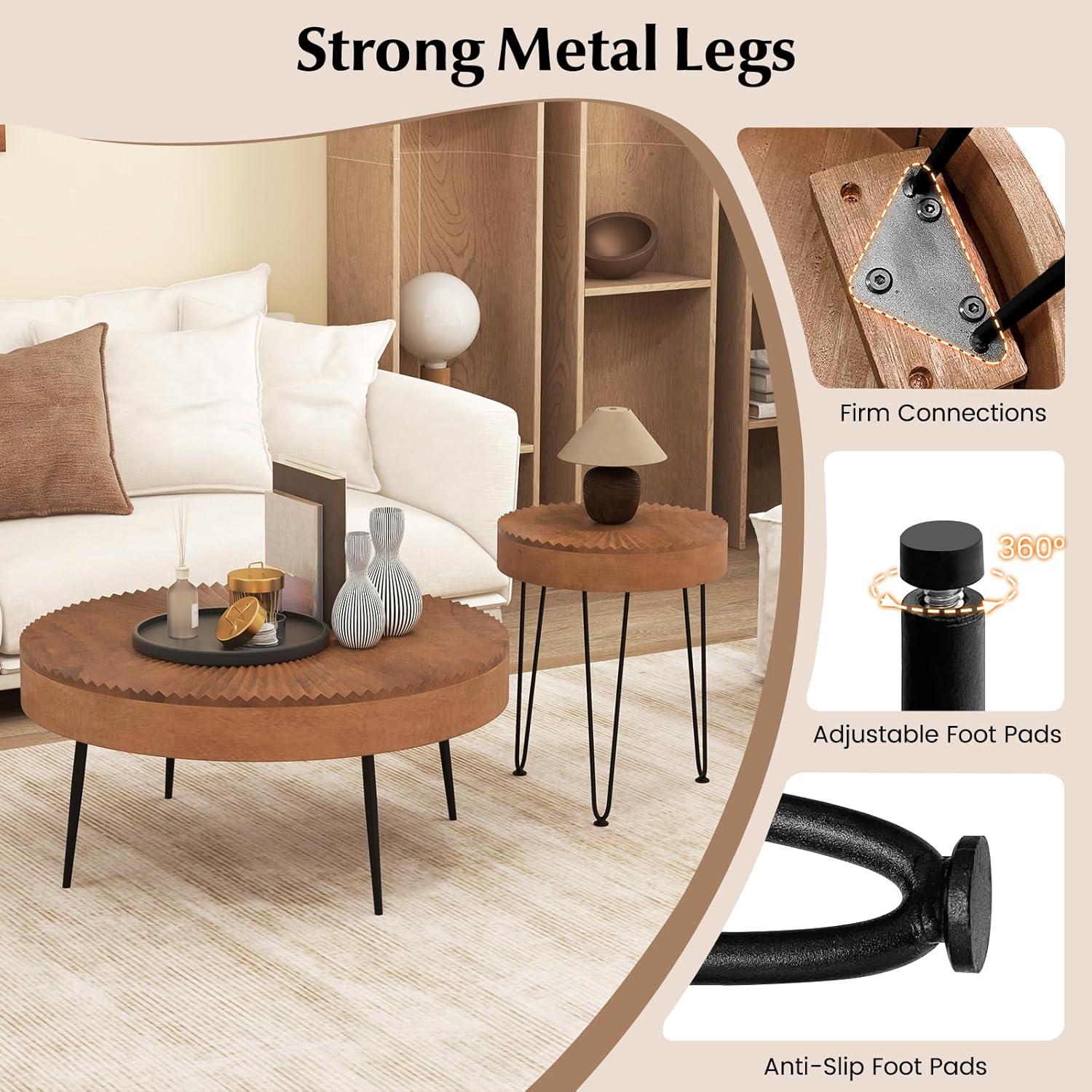 image:imageGiantex Boho Round Coffee Table Set of 2 Sofa Side Nesting Table with Solid Pine Wood Top Metal Legs amp Adjustable Foot Pads 315 D Large Table Set for Living Room Ring Pattern NaturalBrown