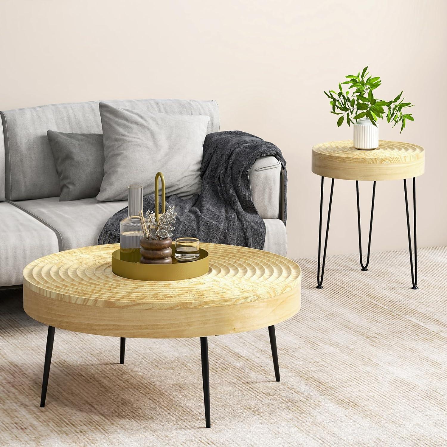 image:imageGiantex Boho Round Coffee Table Set of 2 Sofa Side Nesting Table with Solid Pine Wood Top Metal Legs amp Adjustable Foot Pads 315 D Large Table Set for Living Room Ring Pattern NaturalNatural