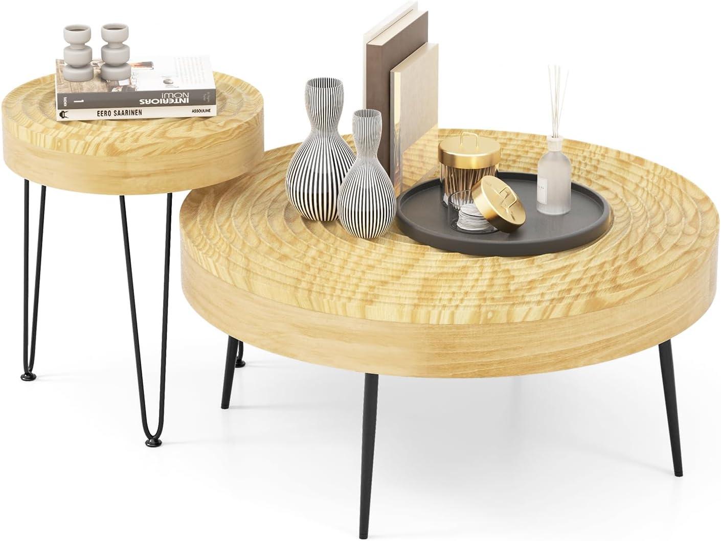 image:imageGiantex Boho Round Coffee Table Set of 2 Sofa Side Nesting Table with Solid Pine Wood Top Metal Legs amp Adjustable Foot Pads 315 D Large Table Set for Living Room Ring Pattern NaturalNatural