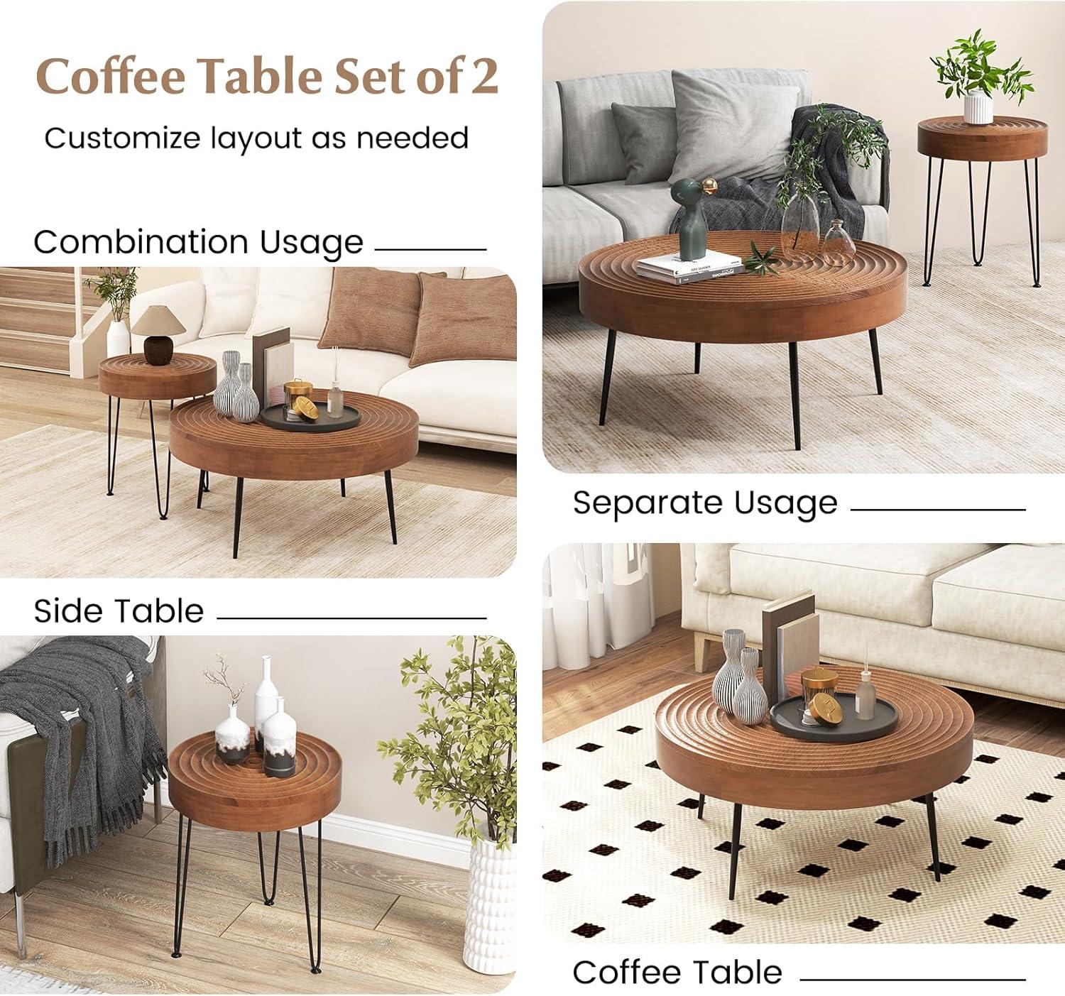 image:imageGiantex Boho Round Coffee Table Set of 2 Sofa Side Nesting Table with Solid Pine Wood Top Metal Legs amp Adjustable Foot Pads 315 D Large Table Set for Living Room Ring Pattern NaturalBrown