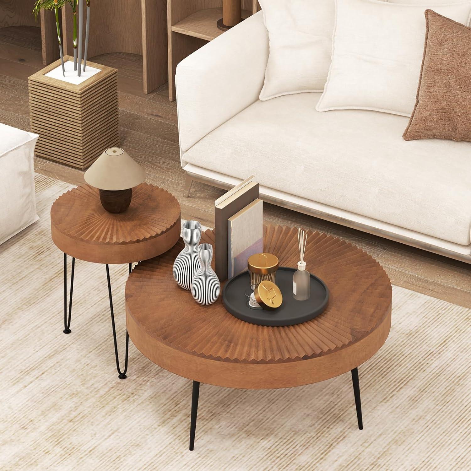 image:imageGiantex Boho Round Coffee Table Set of 2 Sofa Side Nesting Table with Solid Pine Wood Top Metal Legs amp Adjustable Foot Pads 315 D Large Table Set for Living Room Ring Pattern NaturalBrown