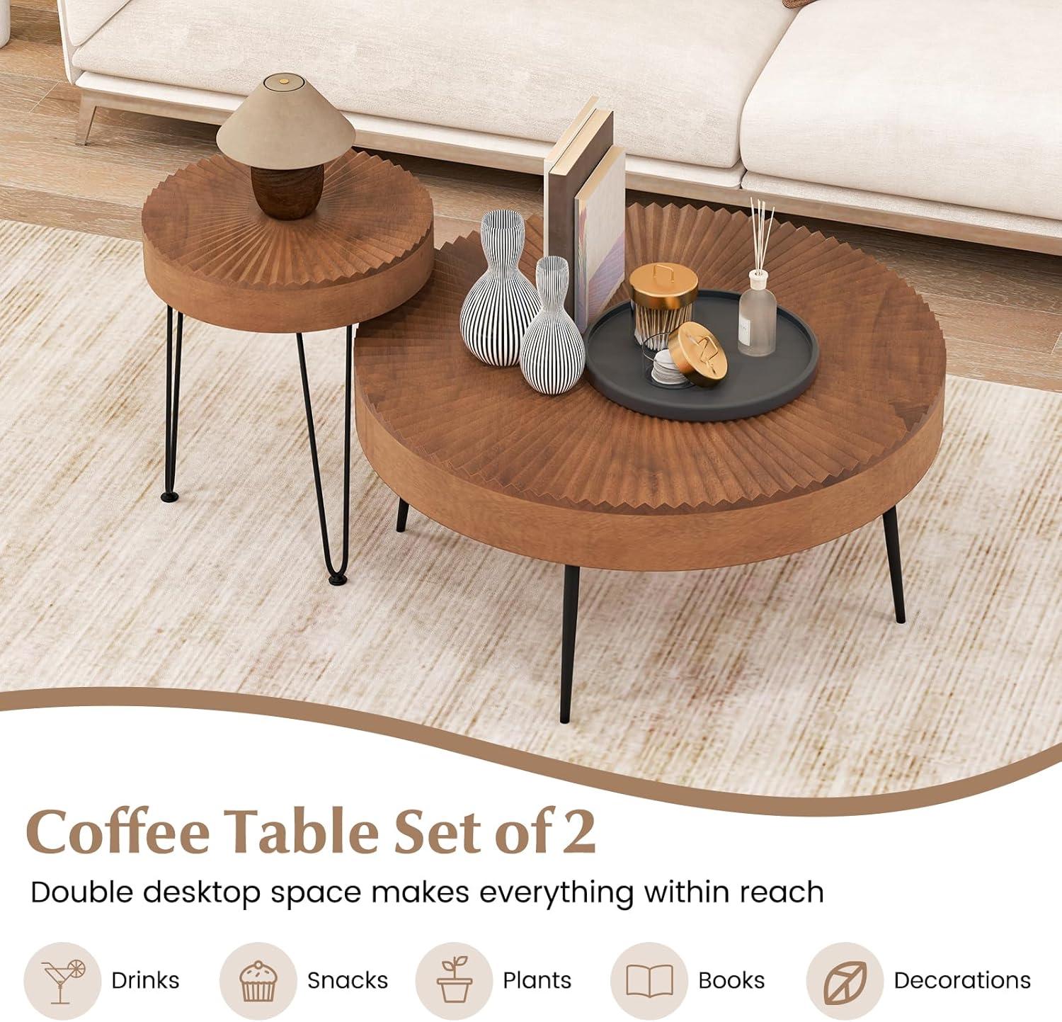 image:imageGiantex Boho Round Coffee Table Set of 2 Sofa Side Nesting Table with Solid Pine Wood Top Metal Legs amp Adjustable Foot Pads 315 D Large Table Set for Living Room Ring Pattern NaturalBrown