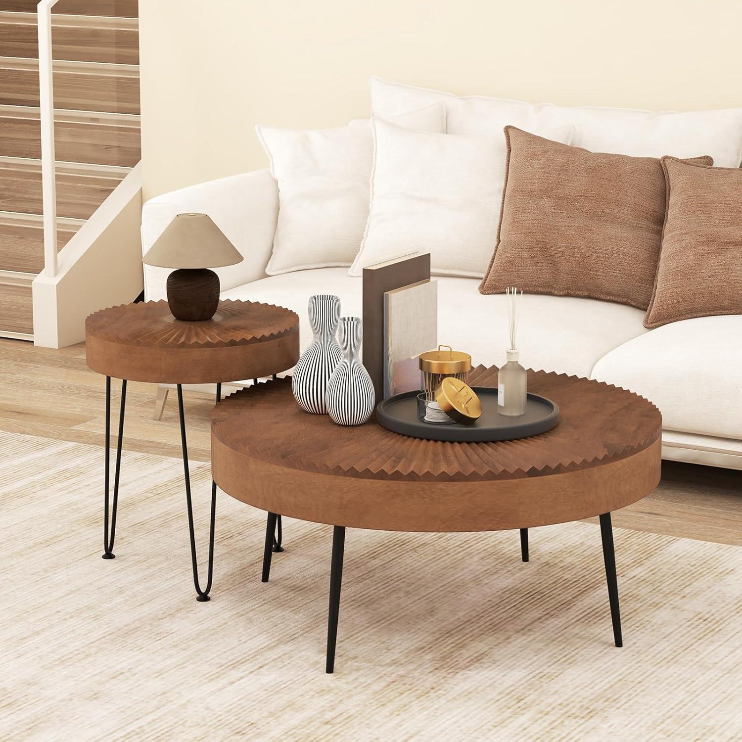 image:imageGiantex Boho Round Coffee Table Set of 2 Sofa Side Nesting Table with Solid Pine Wood Top Metal Legs amp Adjustable Foot Pads 315 D Large Table Set for Living Room Ring Pattern NaturalBrown
