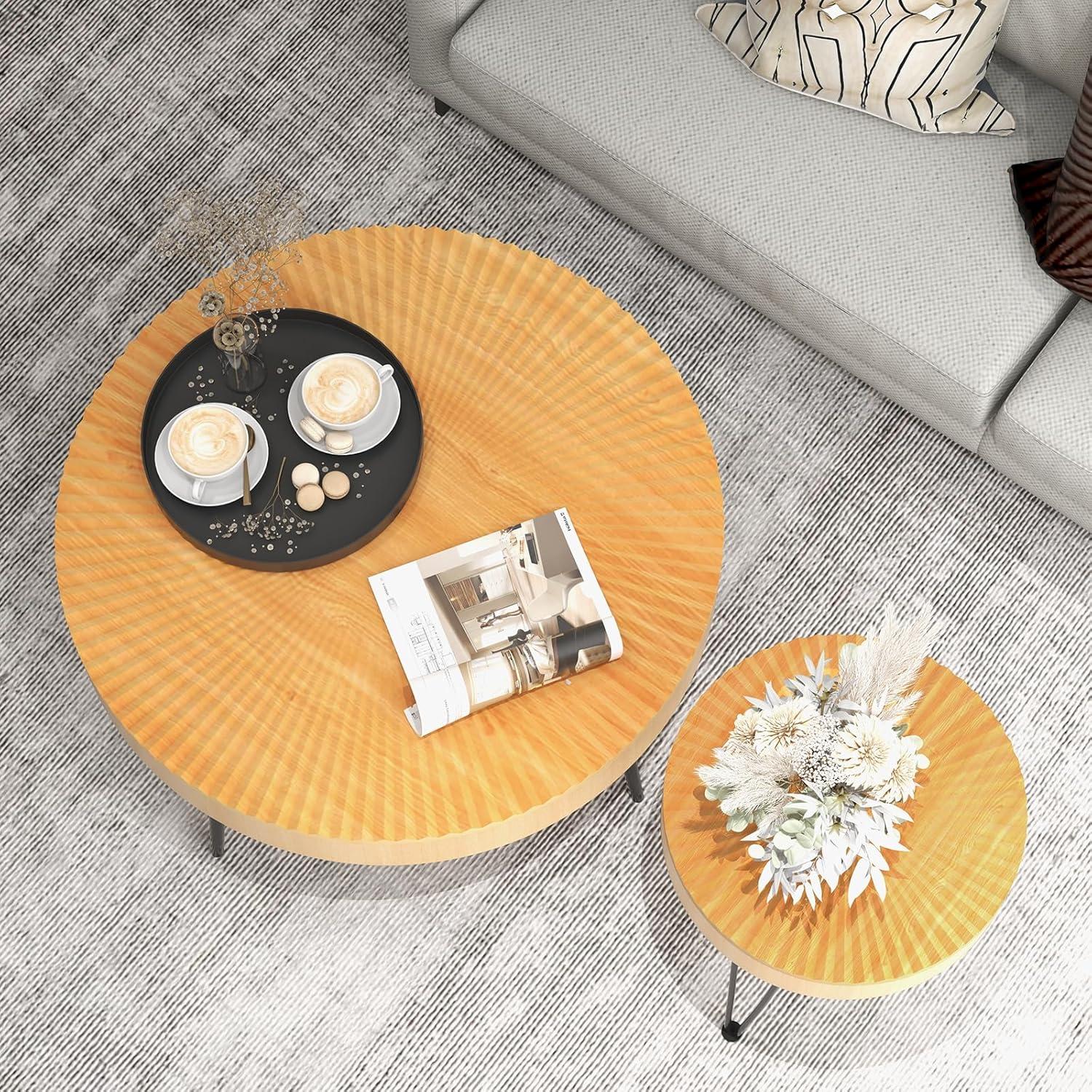 image:imageGiantex Boho Round Coffee Table Set of 2 Sofa Side Nesting Table with Solid Pine Wood Top Metal Legs amp Adjustable Foot Pads 315 D Large Table Set for Living Room Ring Pattern NaturalNatural