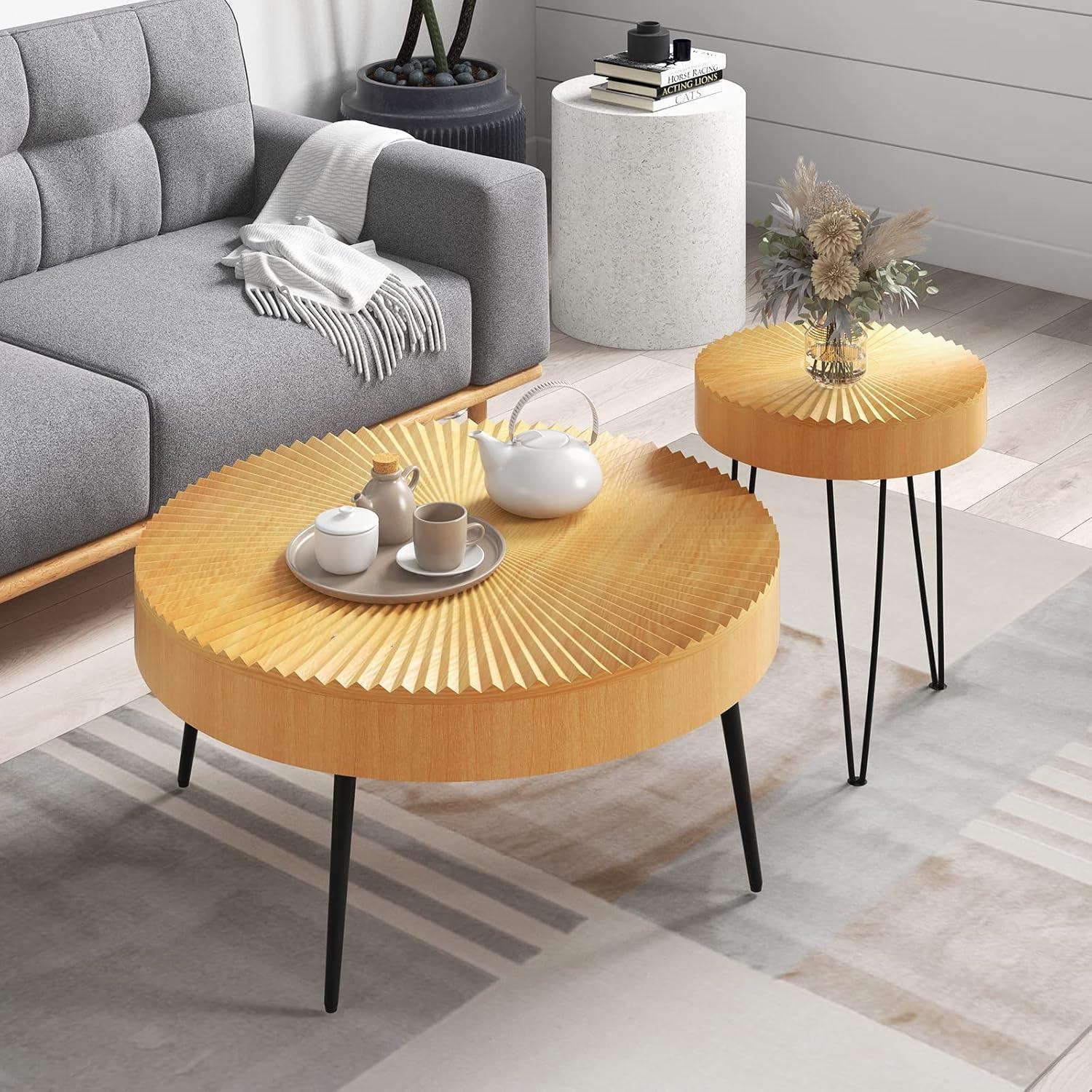 image:imageGiantex Boho Round Coffee Table Set of 2 Sofa Side Nesting Table with Solid Pine Wood Top Metal Legs amp Adjustable Foot Pads 315 D Large Table Set for Living Room Ring Pattern NaturalNatural
